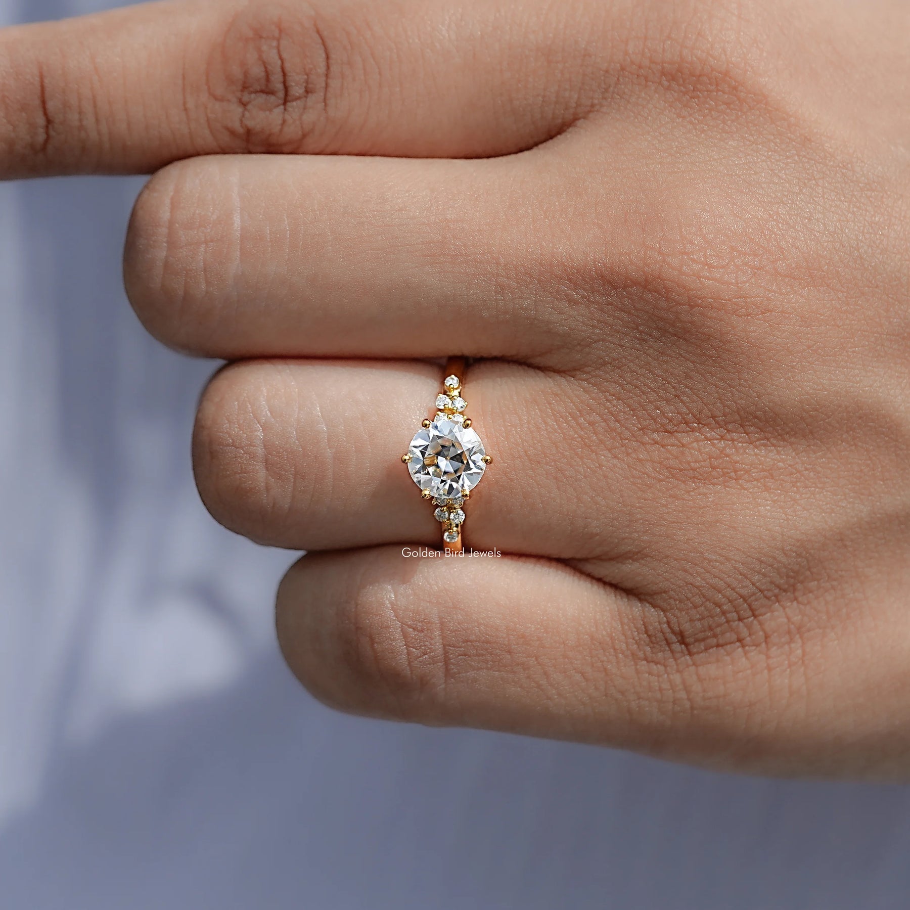 Close view of Round Cut Moissanite Engagement Ring