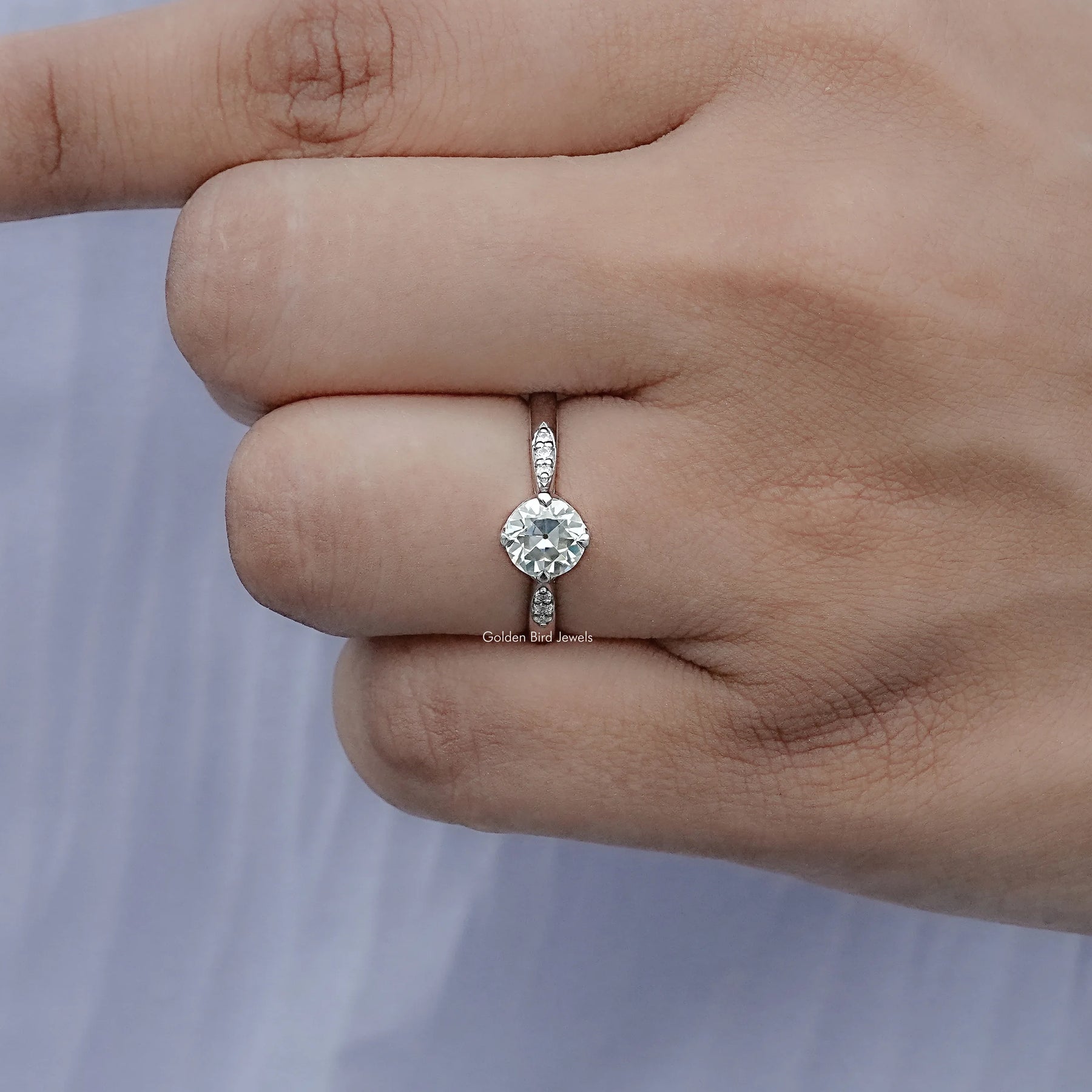 Close view of Round Cut Moissanite Engagement Ring