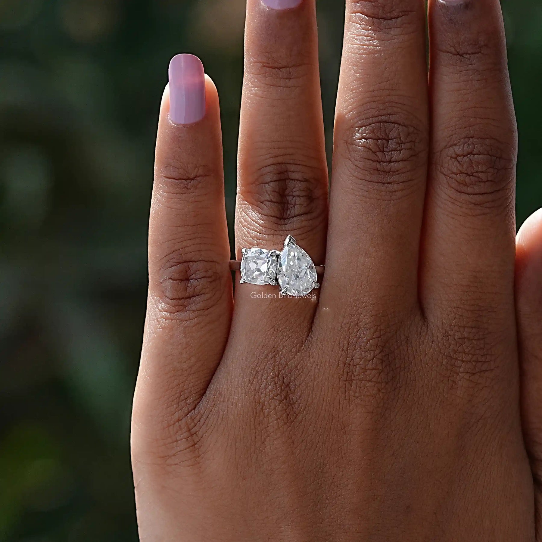 View of Old Mine Cushion And Pear Cut Ring In White Gold