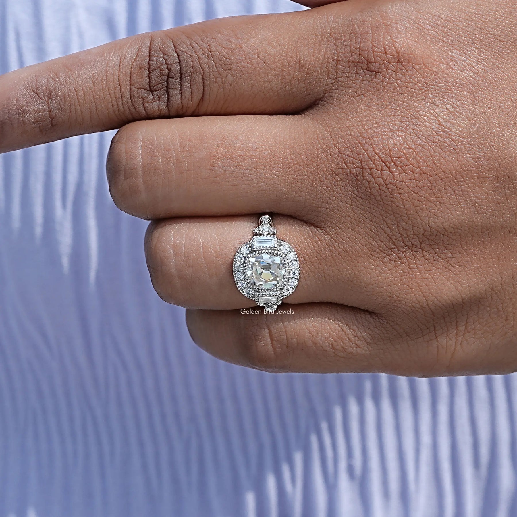 Detailed view of moissanite cushion cut wedding ring