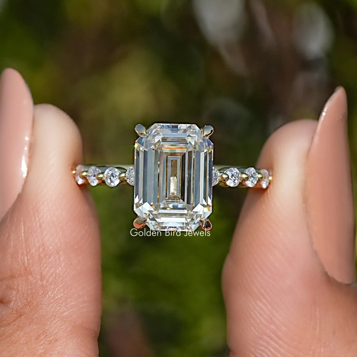 Moissanite Old Mine Emerald Accent Stone Ring