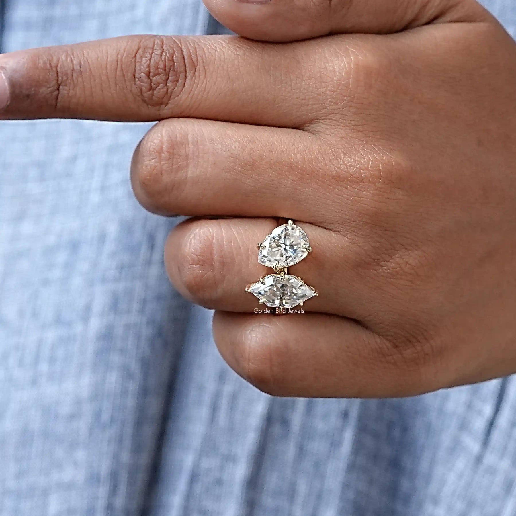 View of Pear And Dutch Marquise Toi Et Moi Ring In Finger