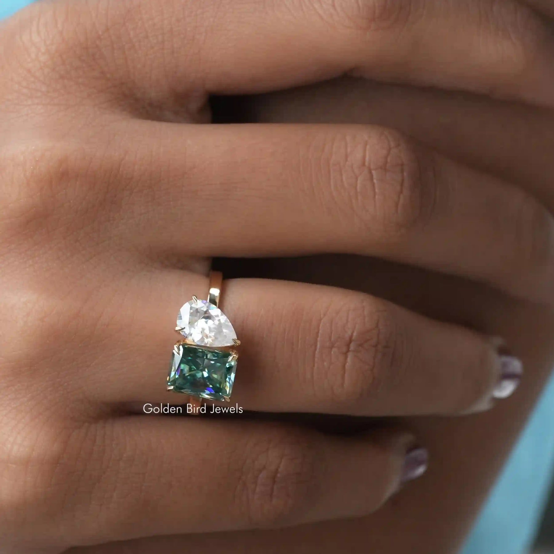 View of Pear And Radiant Cut Toi Et Moi Ring In Finger