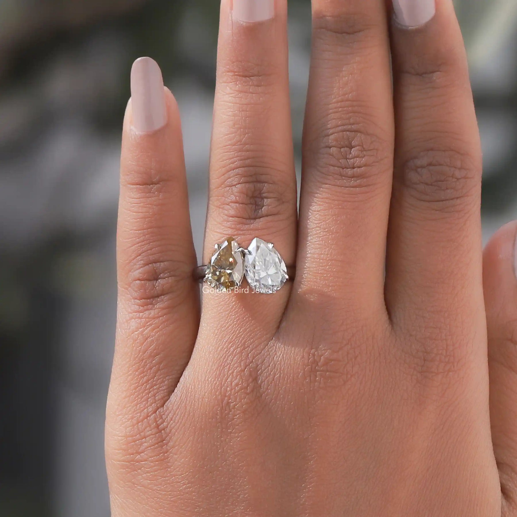 Detailed View Of Pear Cut Moissanite Toi Et Moi Ring In White Gold