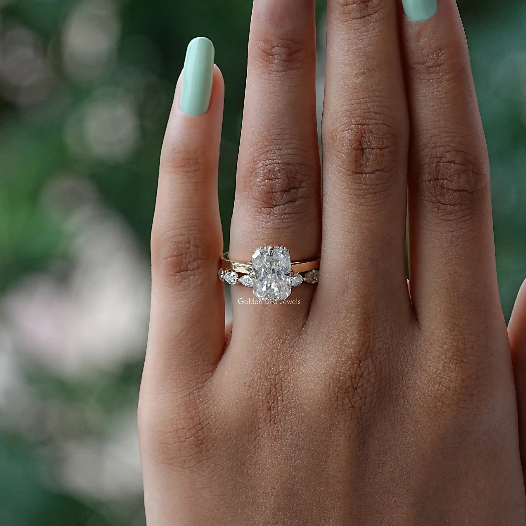 View of Moissanite Radiant Cut Bridal Ring In Yellow Gold