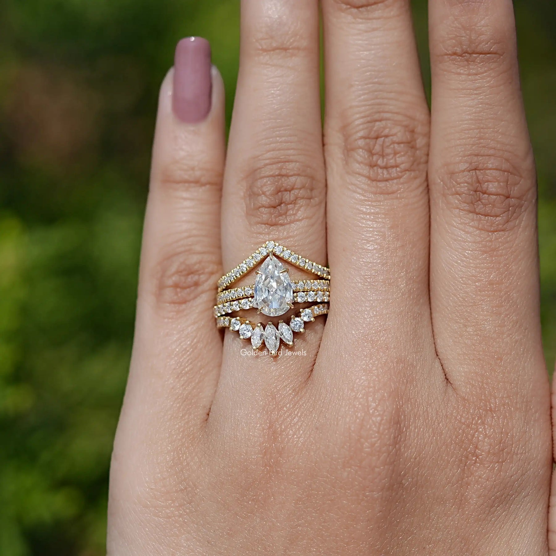 Detailed View Of Rose Cut Pear Moissanite Bridal Ring Set In Yellow Gold