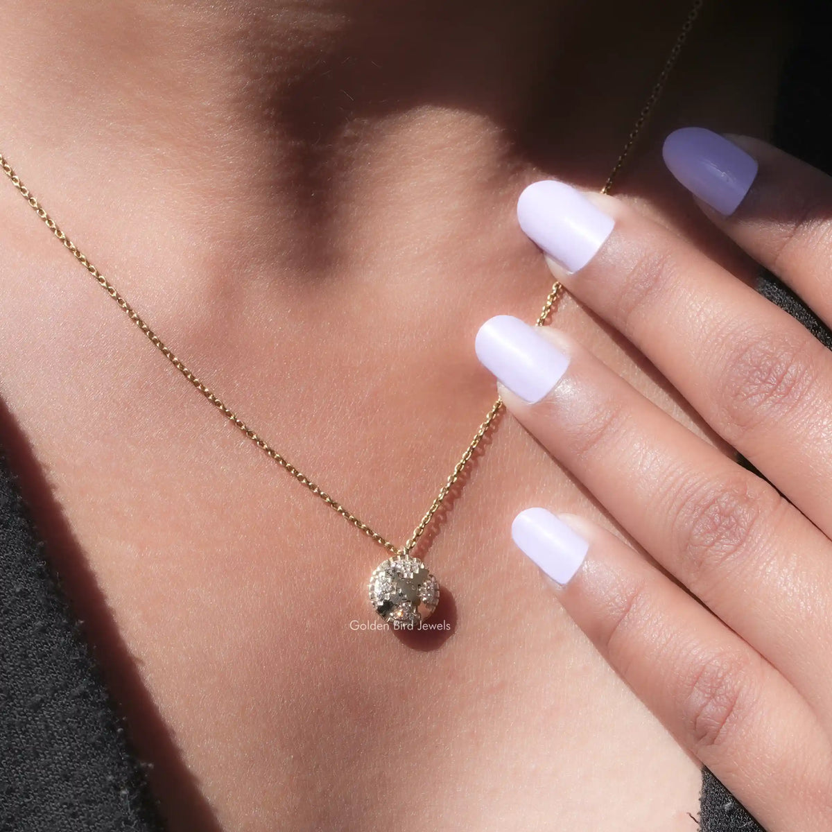 In neck view of cluster moissanite halo pendant