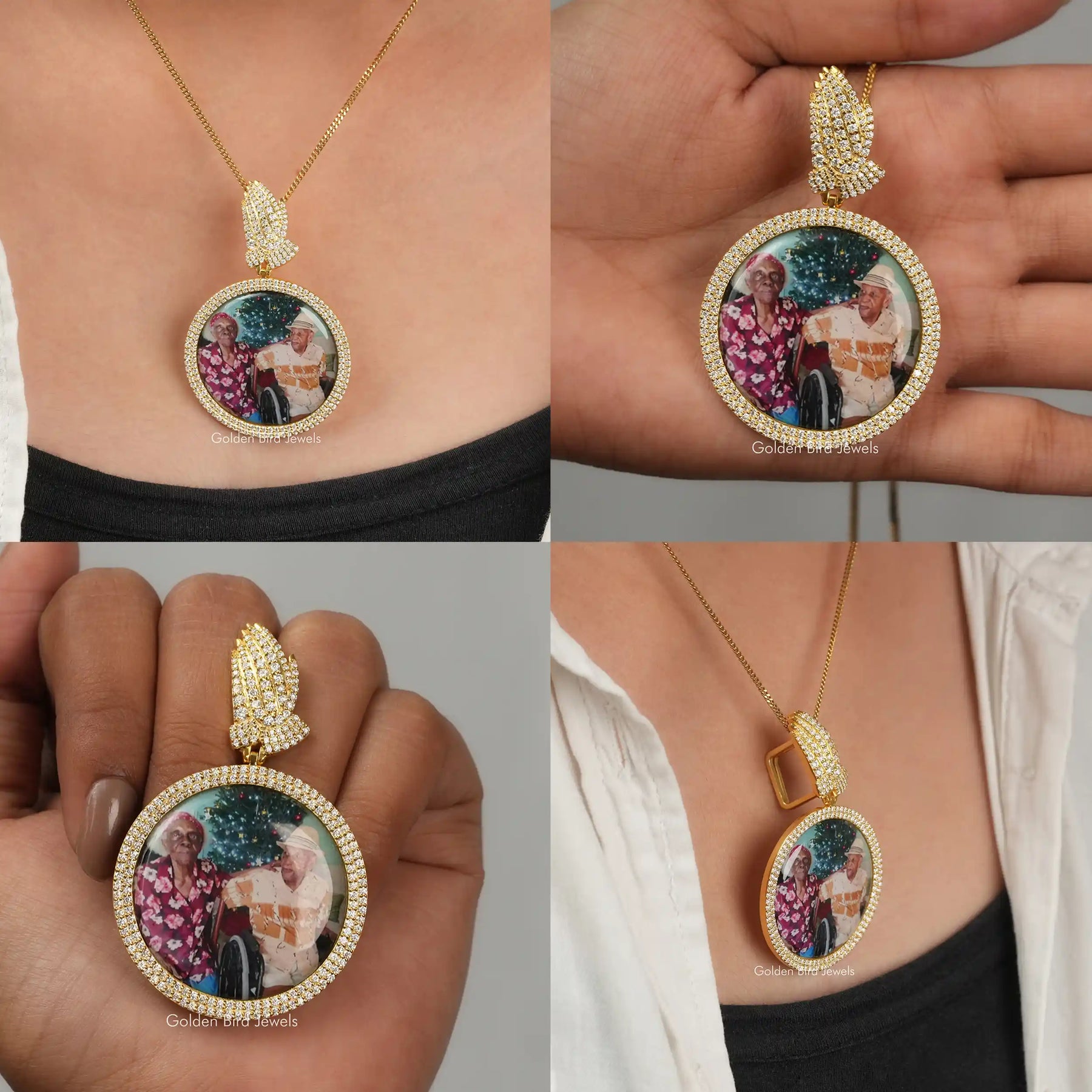 Front back side and close view of round cut photo pendant