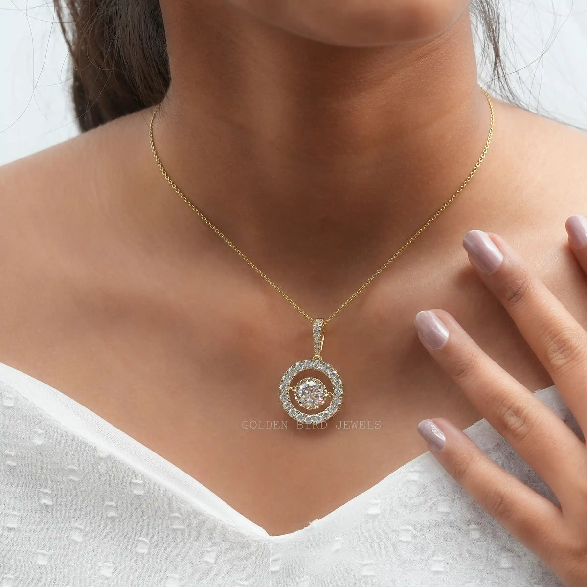 In neck view of Round cut statement moissanite halo pendant