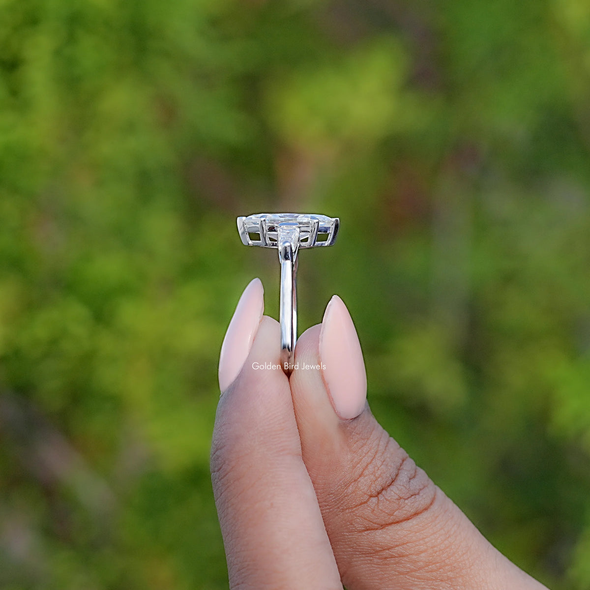 Three Stone Old Mine Marquise Moissanite Ring