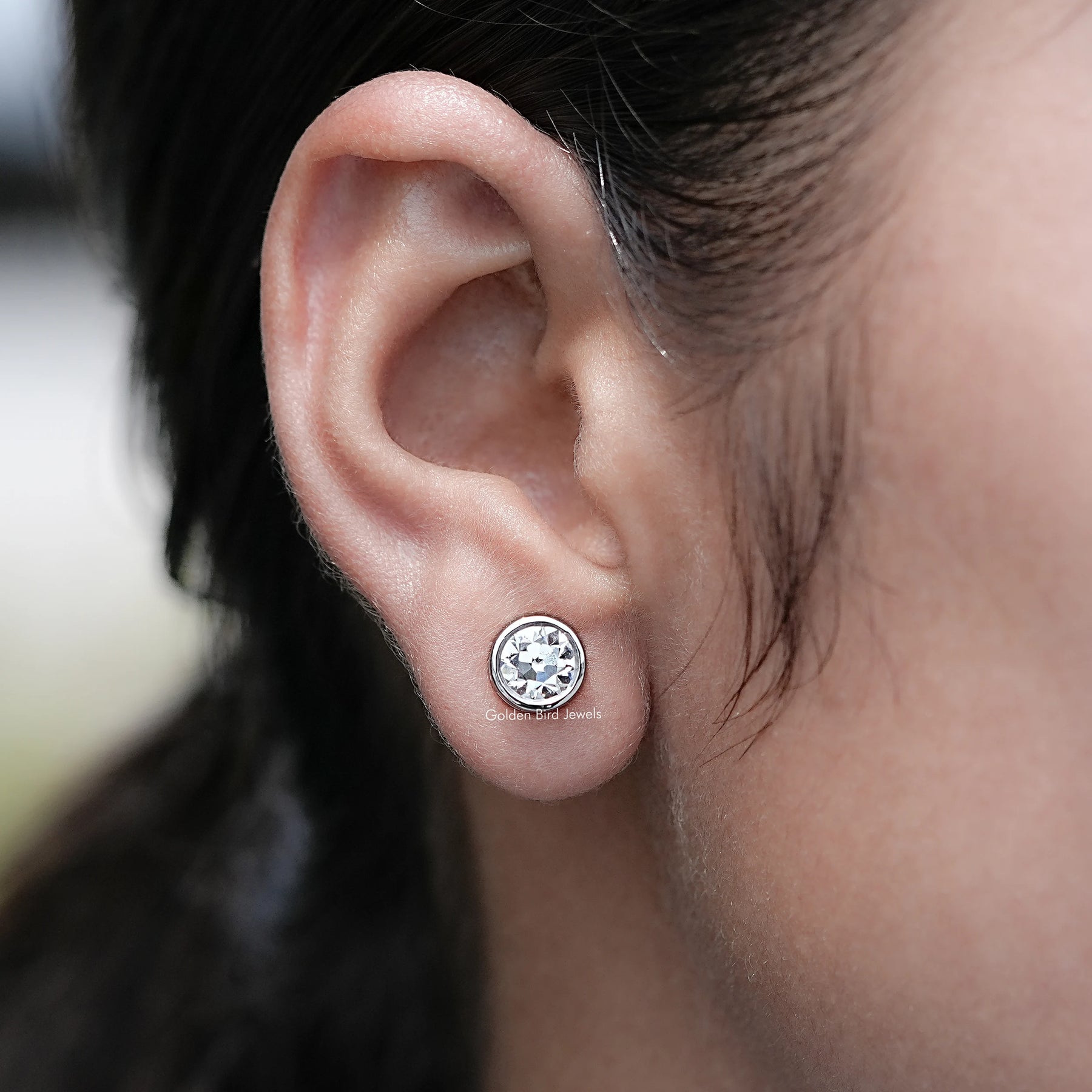 In Ear View of Old European Cut Round Lab Diamond Earrings