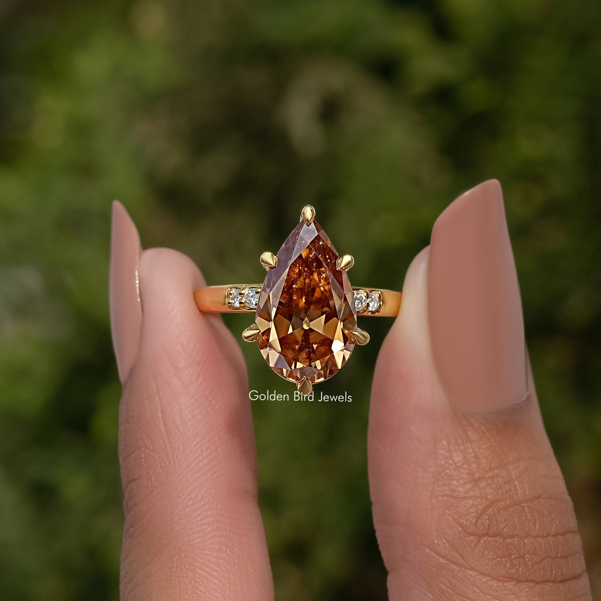 Old Mine Cut Pear Champagne Accent Set Engagement Ring