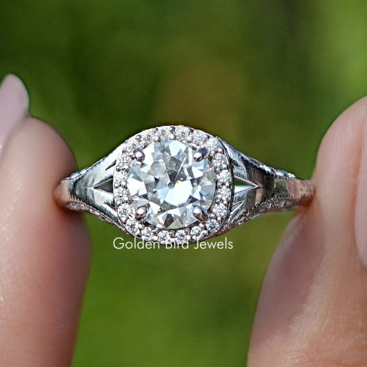 Front View of Old European Round Cut Moissanite Halo Ring In two Fingers