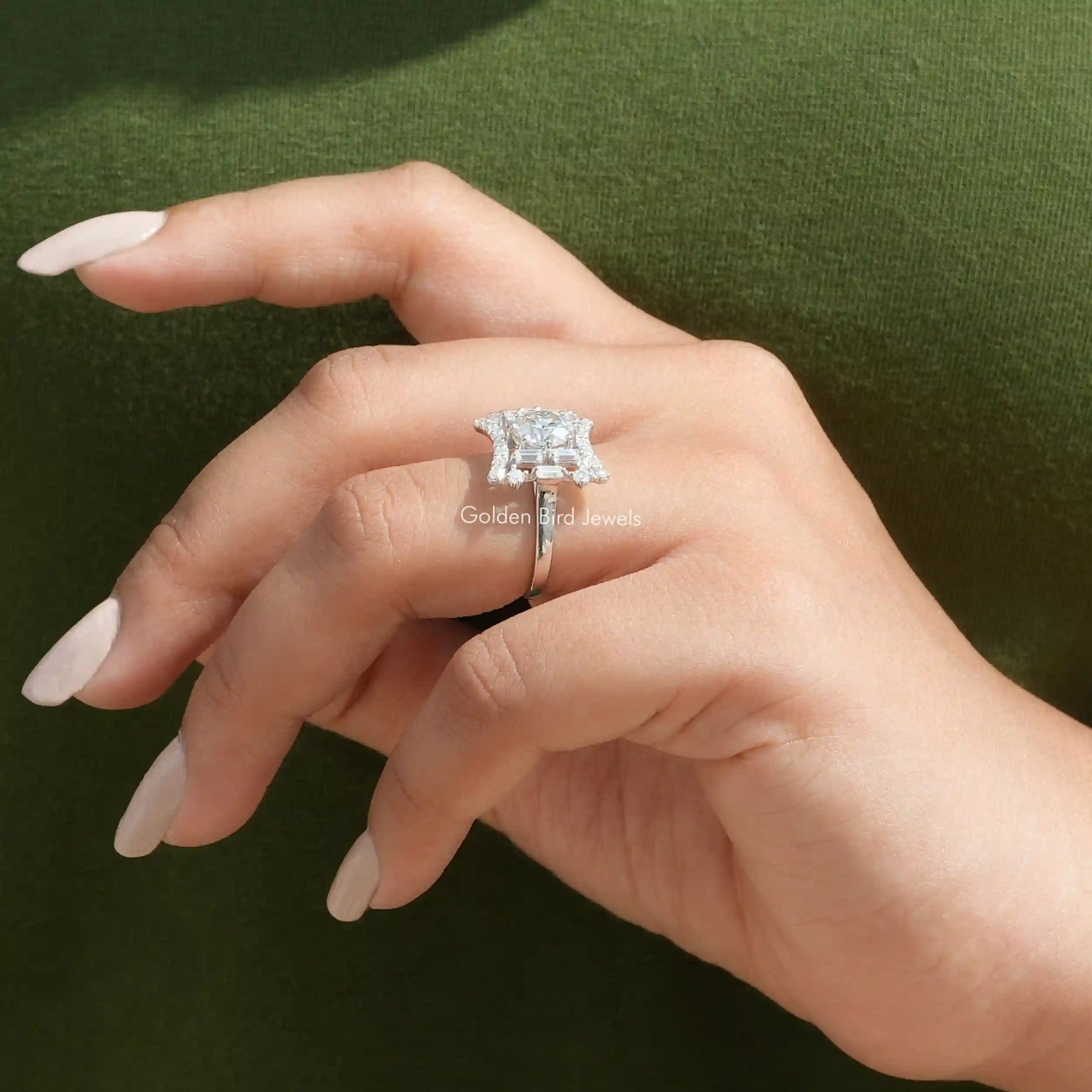 View of Old European Round Cut Moissanite Ring In Finger