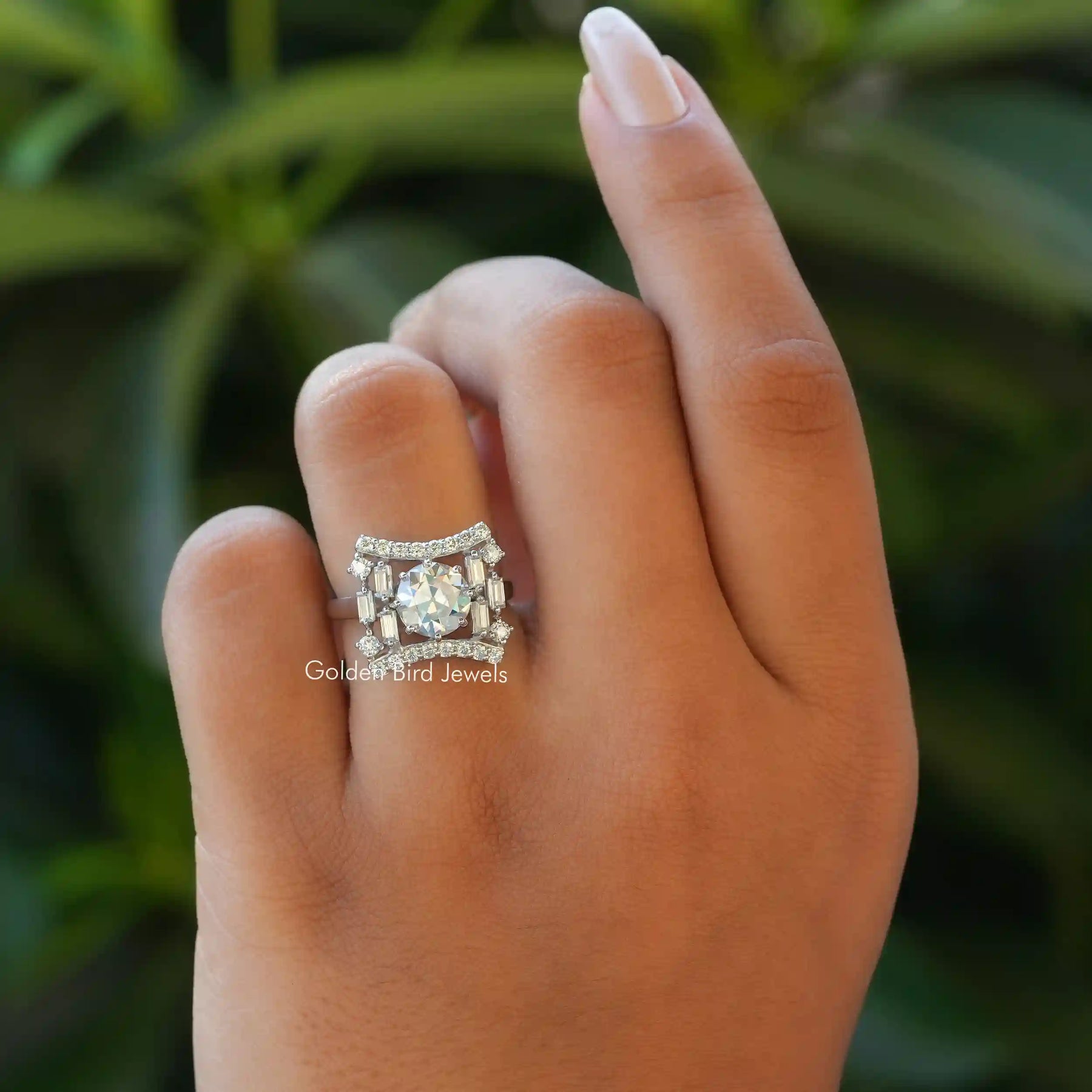 View of Old European Round Cut Moissanite Ring In White