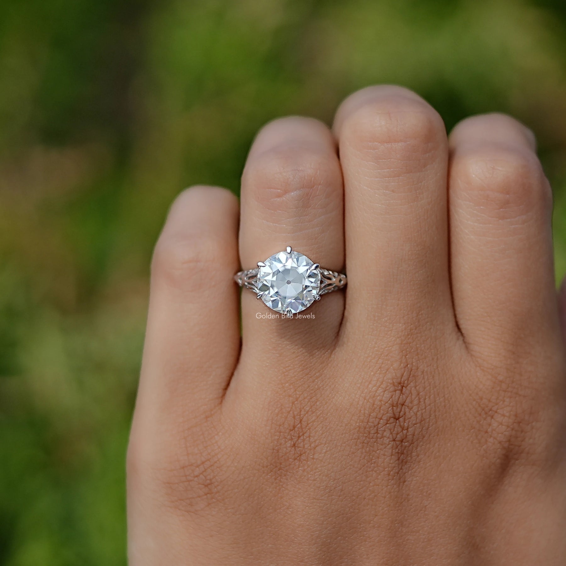 Detailed View of Old European Round Cut Vintage Ring In White Gold