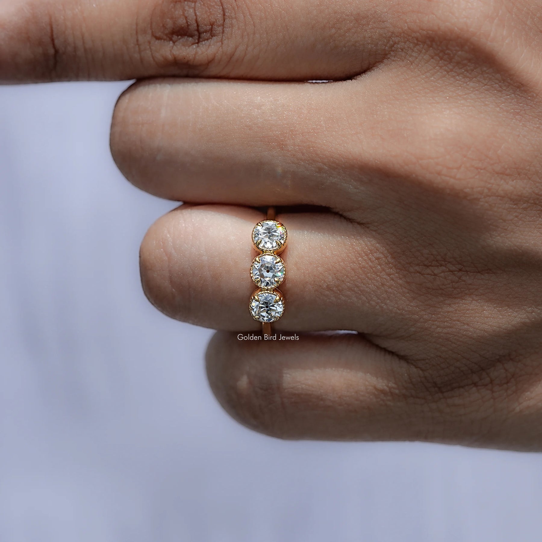 View of European Cut Moissanite Solitaire Ring in prongs setting