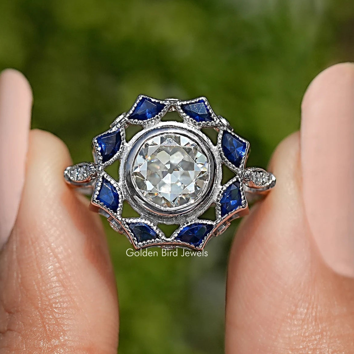 Alter europäischer Rundschliff Lünettensatz Moissanite Ring