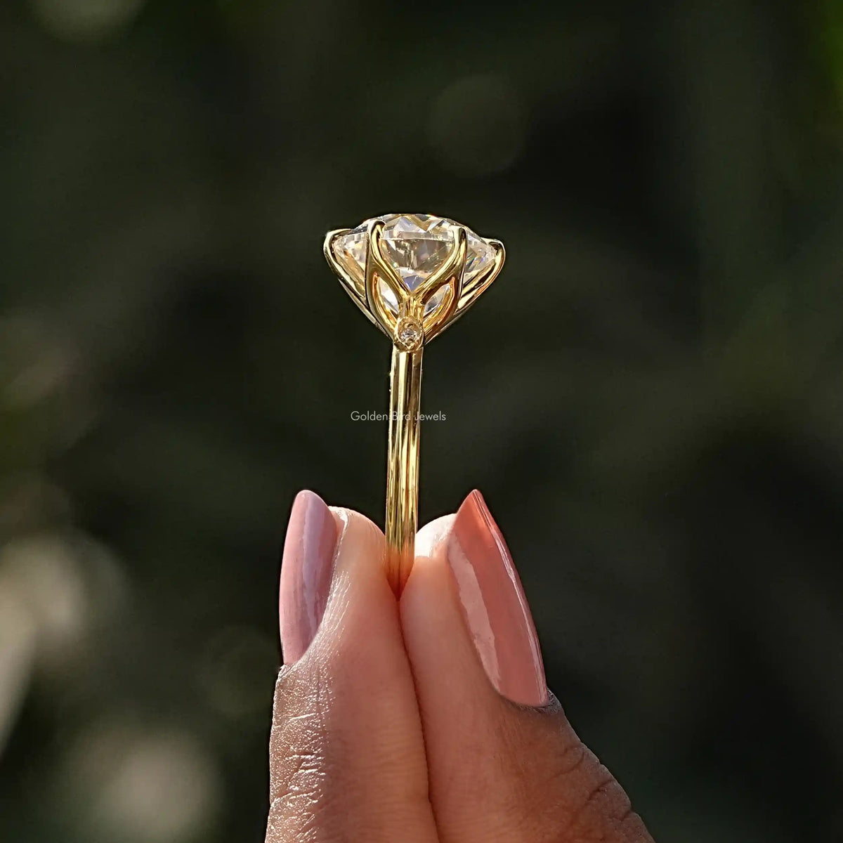 Side View of Round Cut Engagement Ring In two fingers