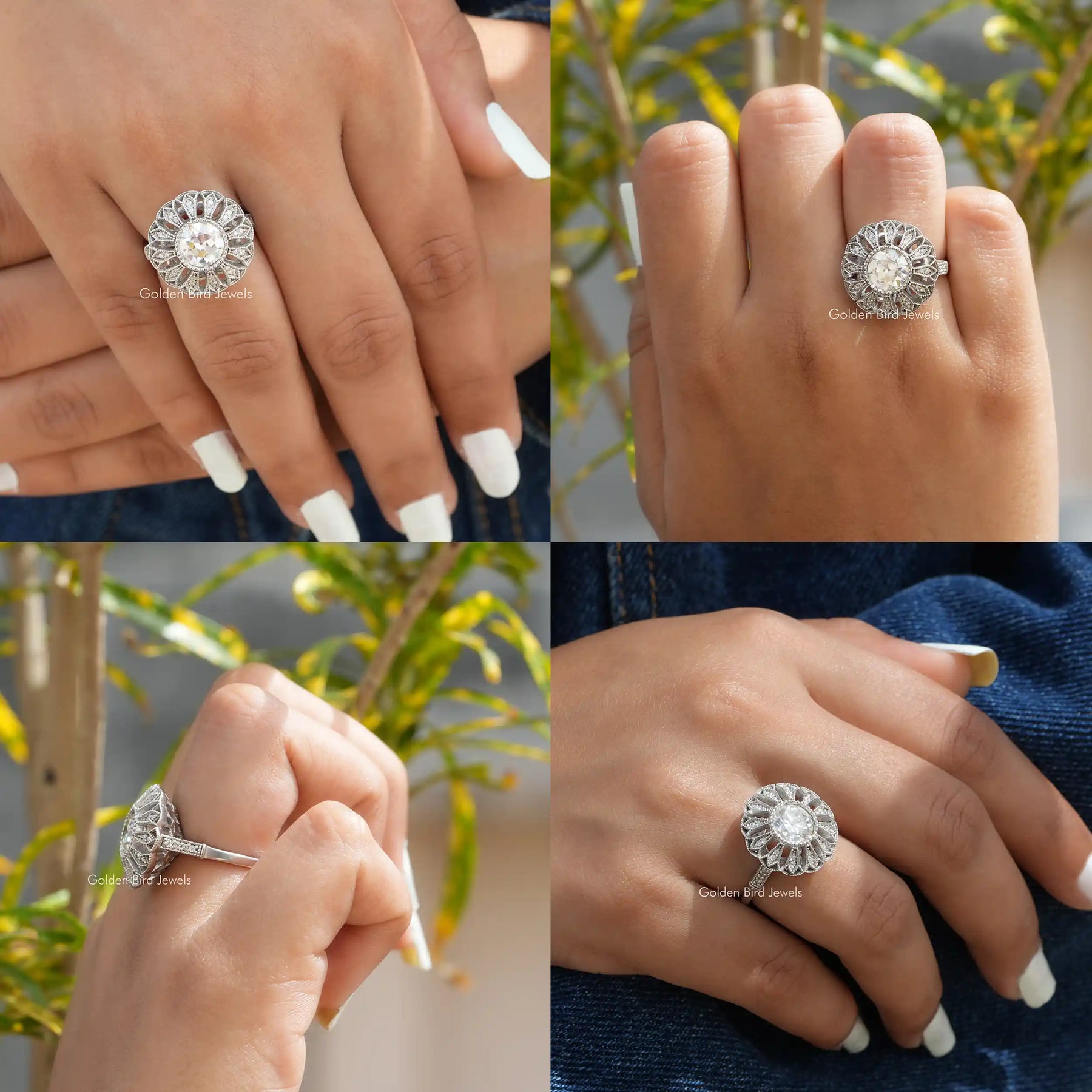 View of Old European Round Cut Floral Style Vintage Ring In Finger