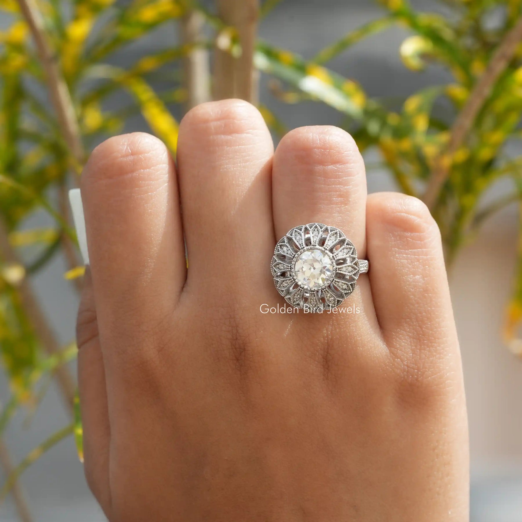 View of Moissanite Round Cut Floral Style Vintage Ring In Finger