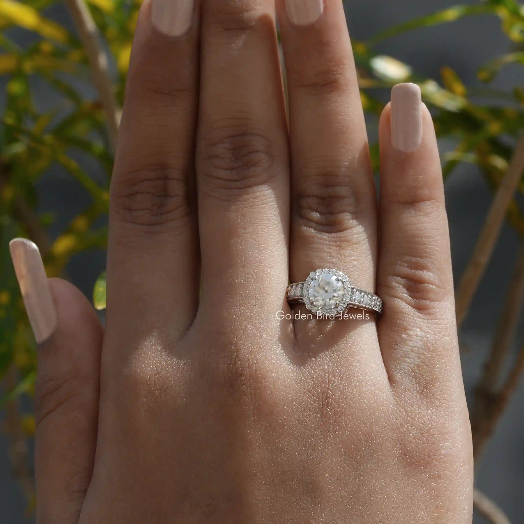 View of Old European Round Cut Moissanite Ring In Finger