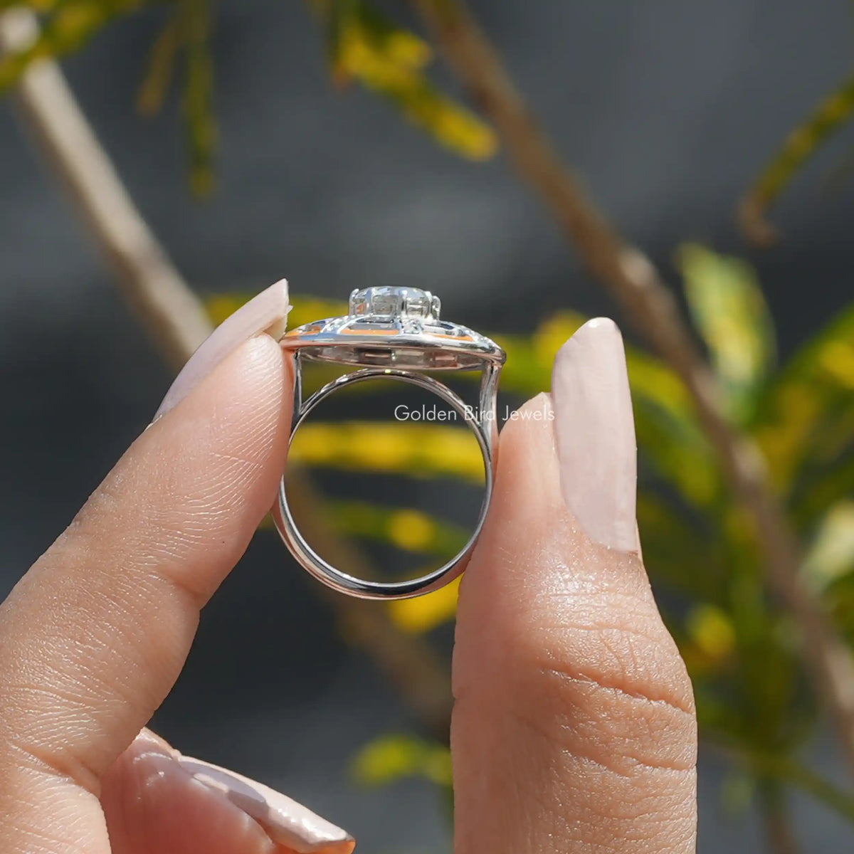 Back View of Old European Round Cut Moissanite Ring In finger