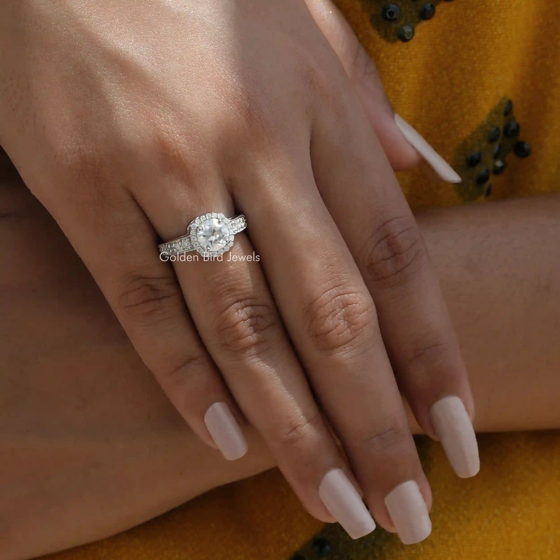 Old European Round Cut Moissanite Ring In Finger