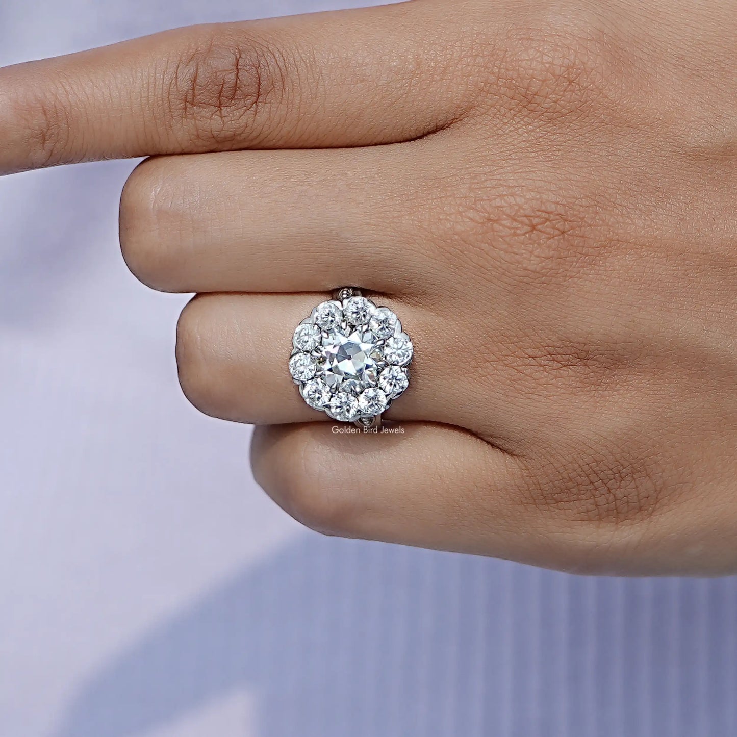 View of Old European Round Cut Moissanite Ring In Finger