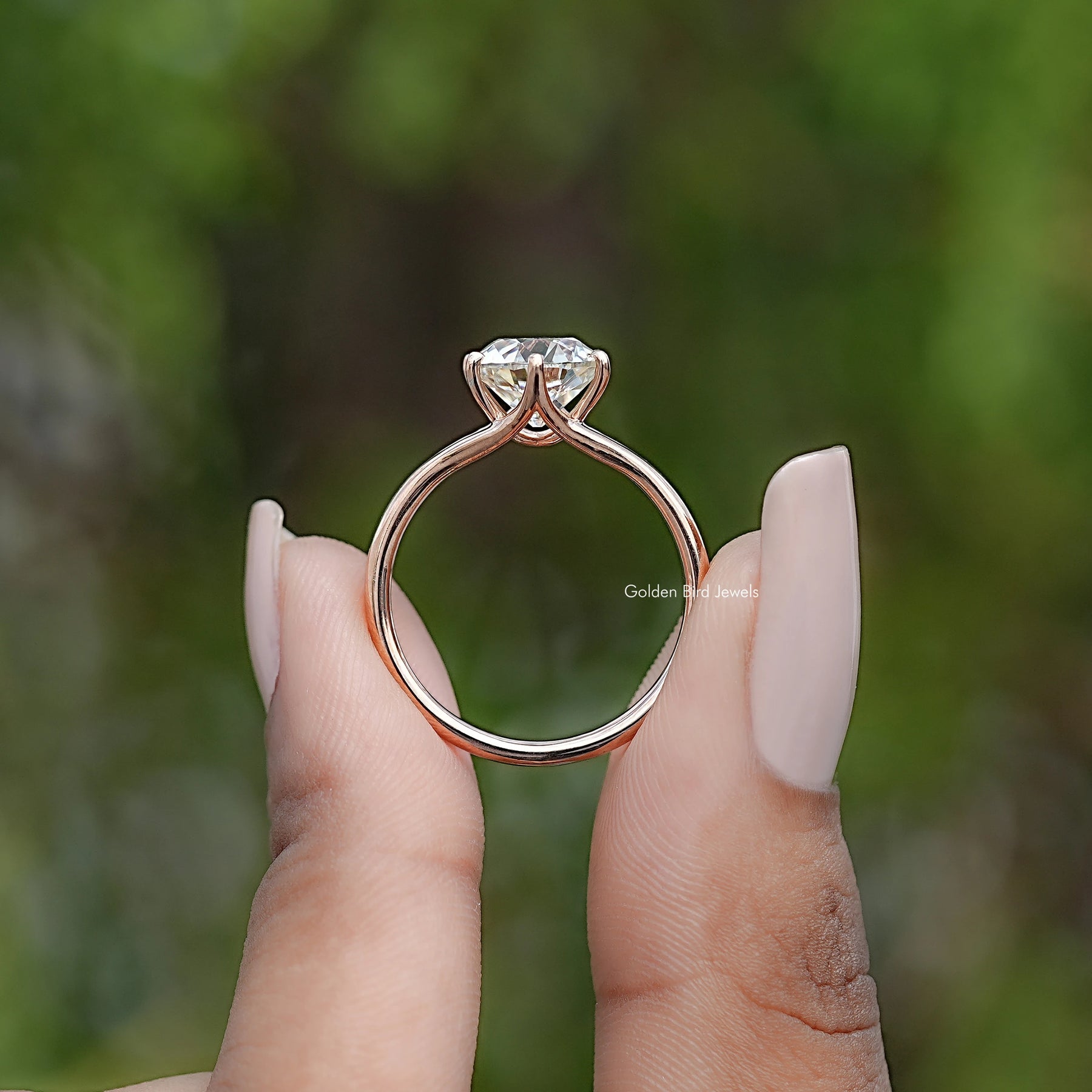Back view of Old European Round Moissanite Solitaire Ring in secure setting