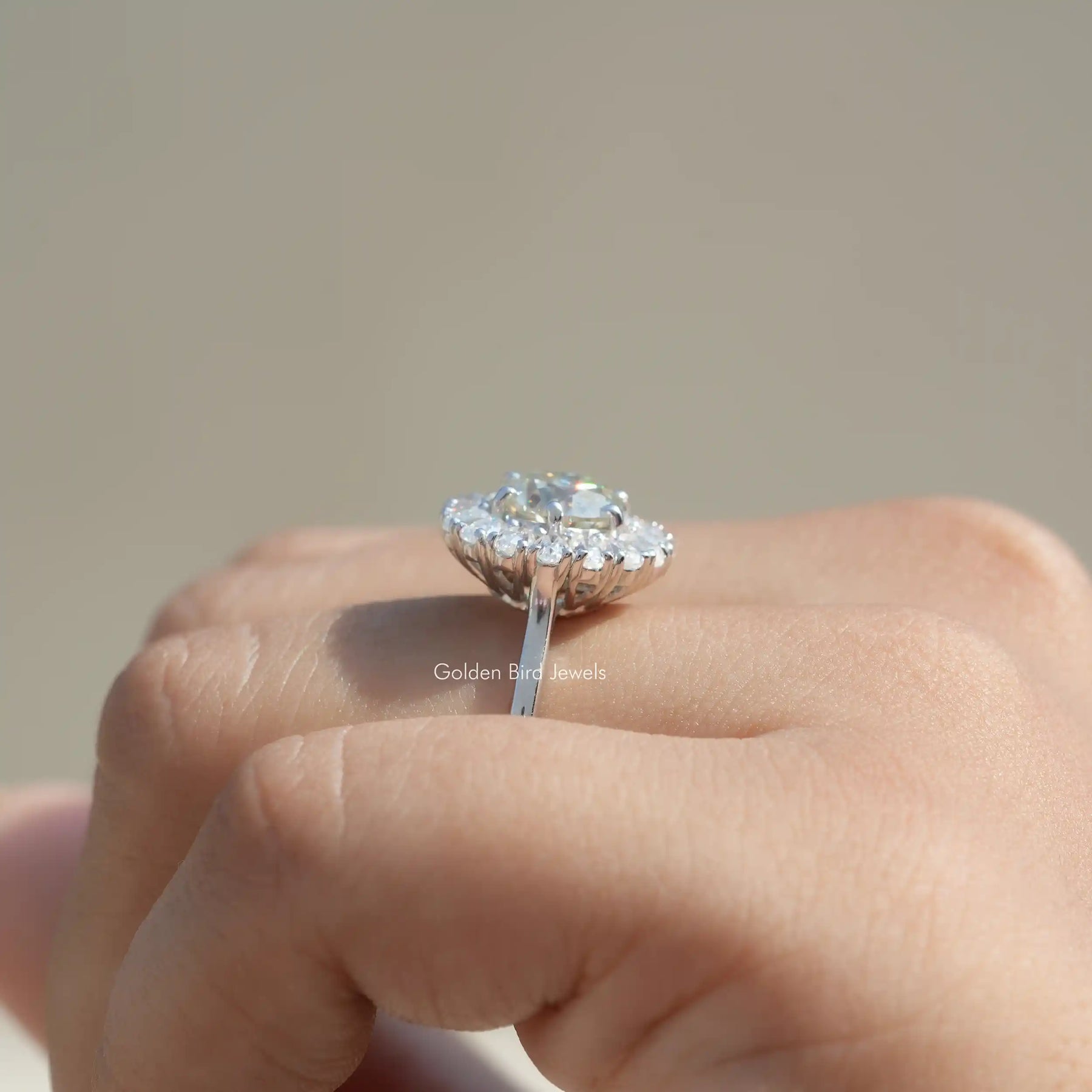 Side View of Old European Round Cut Halo Moissanite Ring In finger
