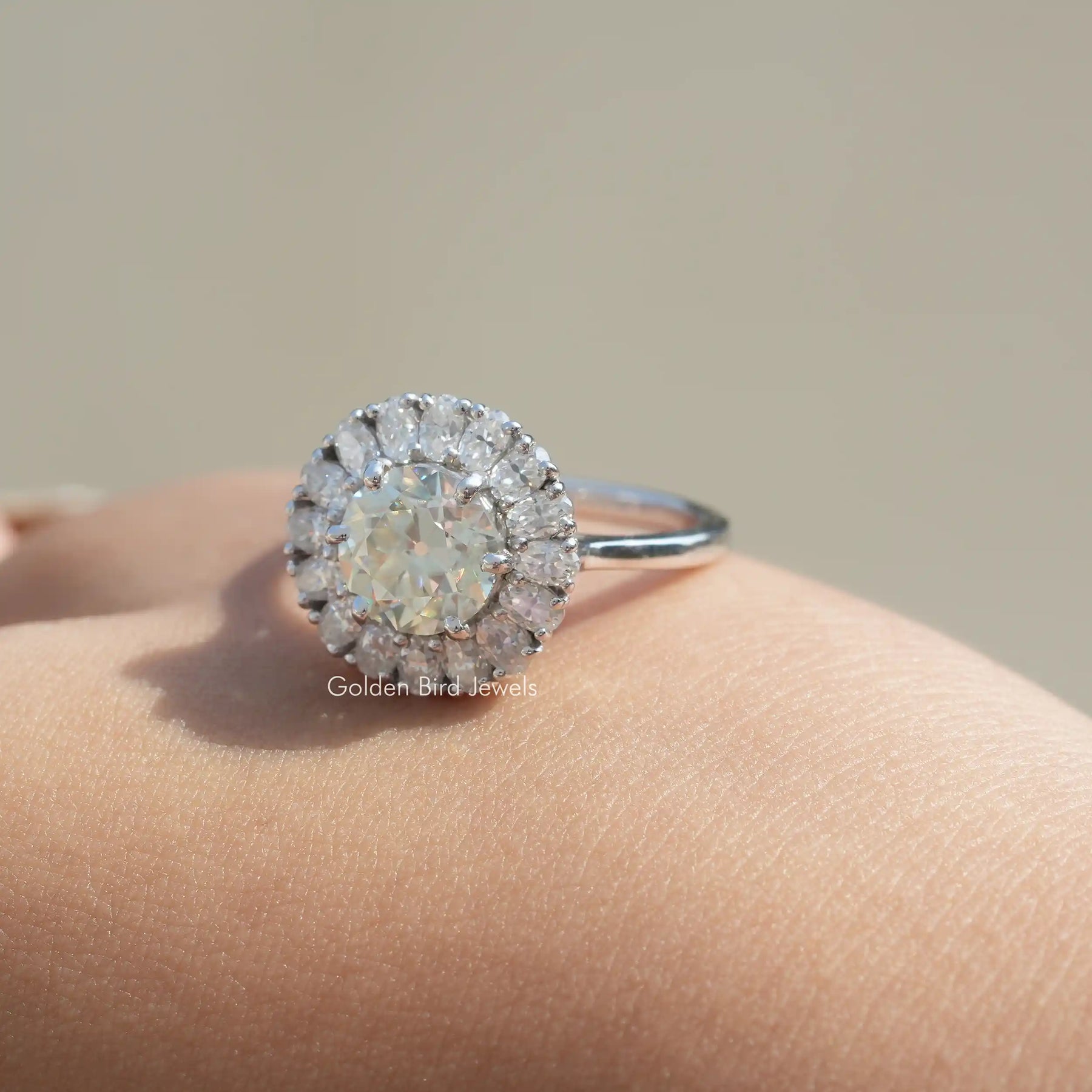 View of Old European Round Cut Halo Moissanite Ring In White Gold