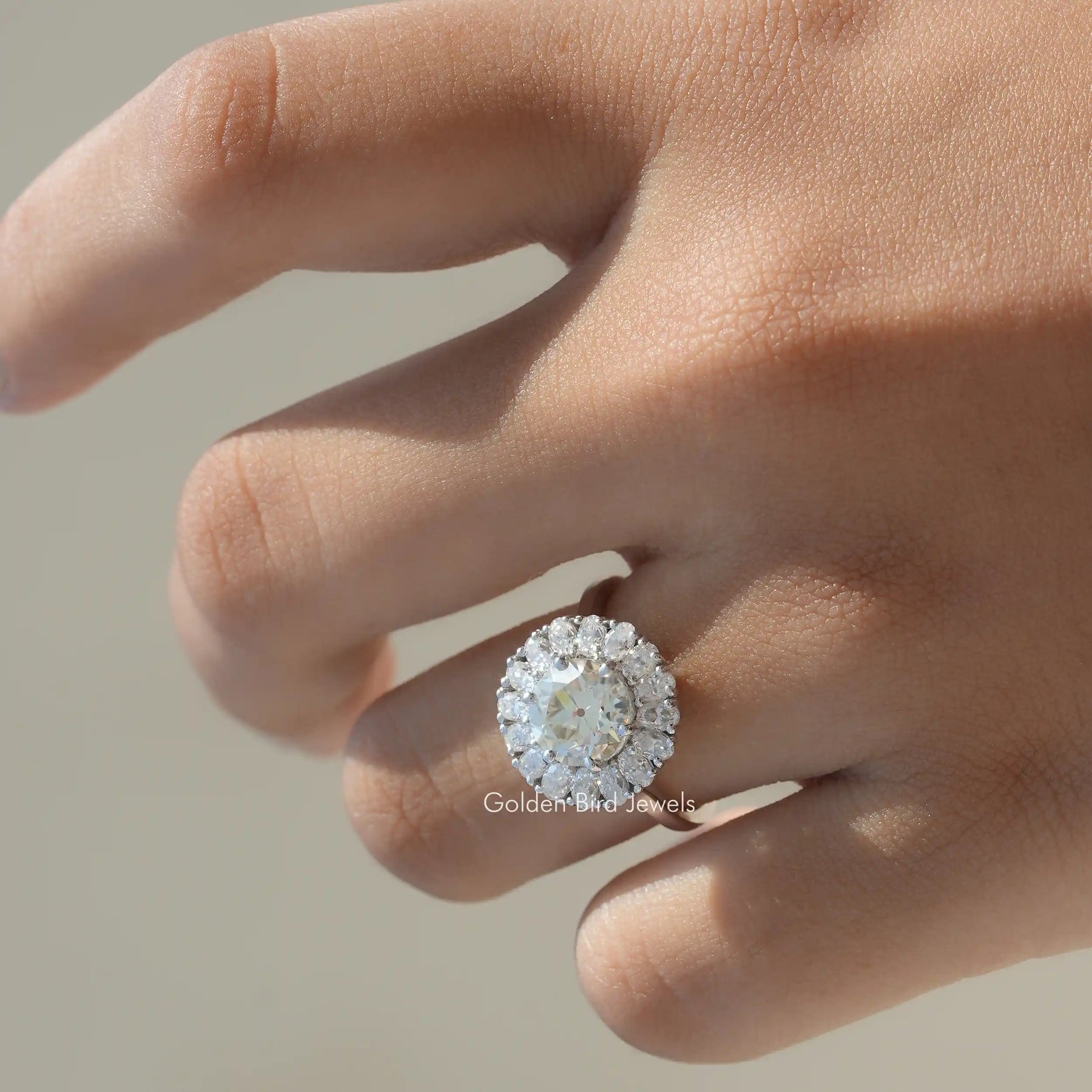 Detailed View Of Moissanite Old European Round Cut Ring In White Gold