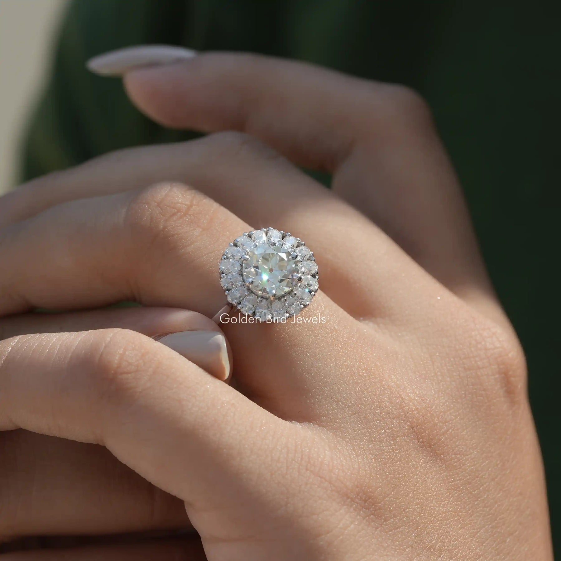 Old European Round Cut Moissanite Ring In Finger