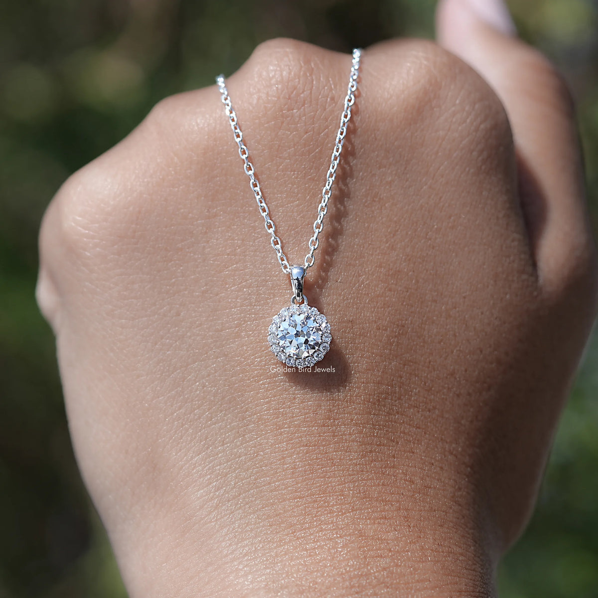 Front View of Round Cut Old European Halo Diamond Pendant