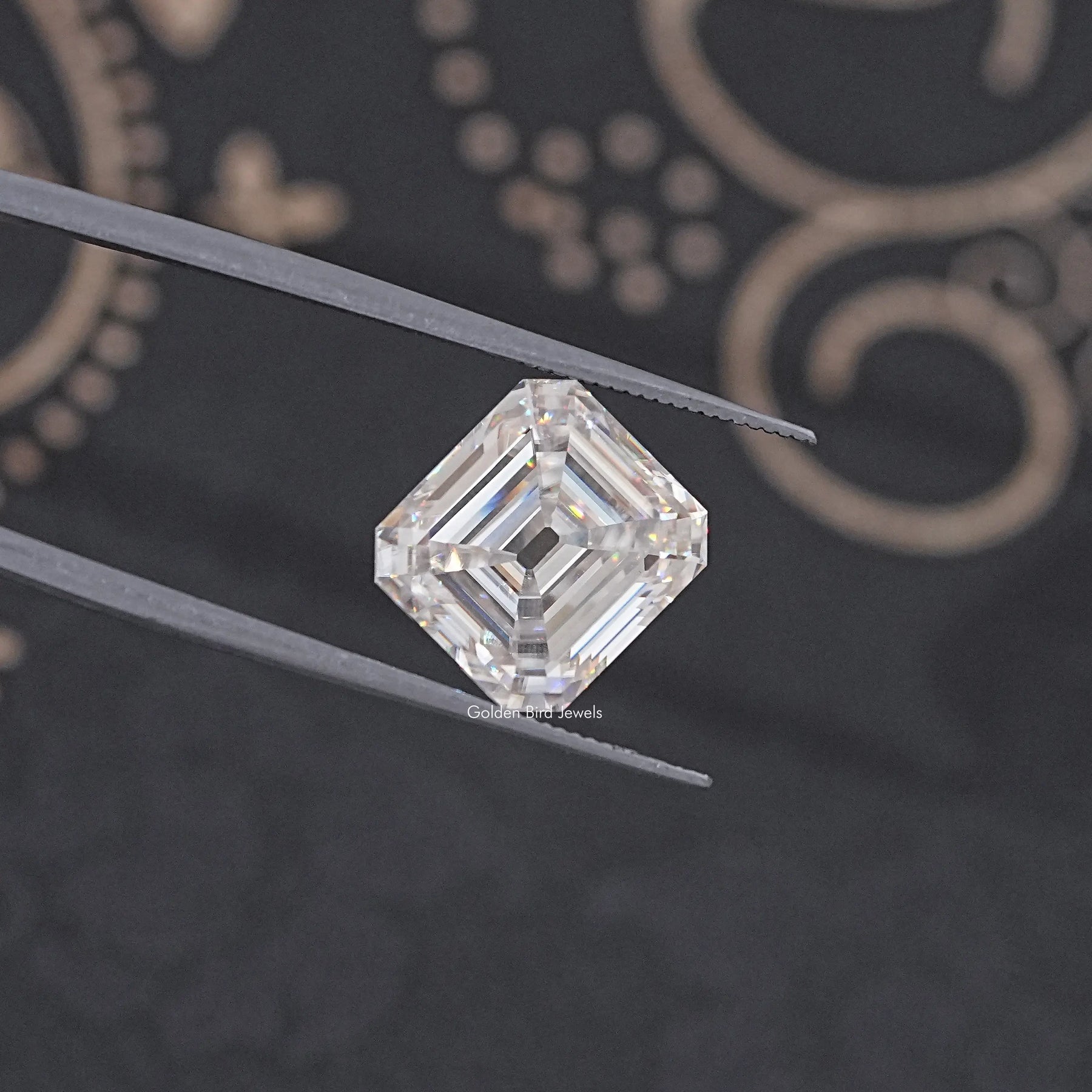 In Tweezer View Of Old Mine Asscher Cut Loose Moissanite Stone