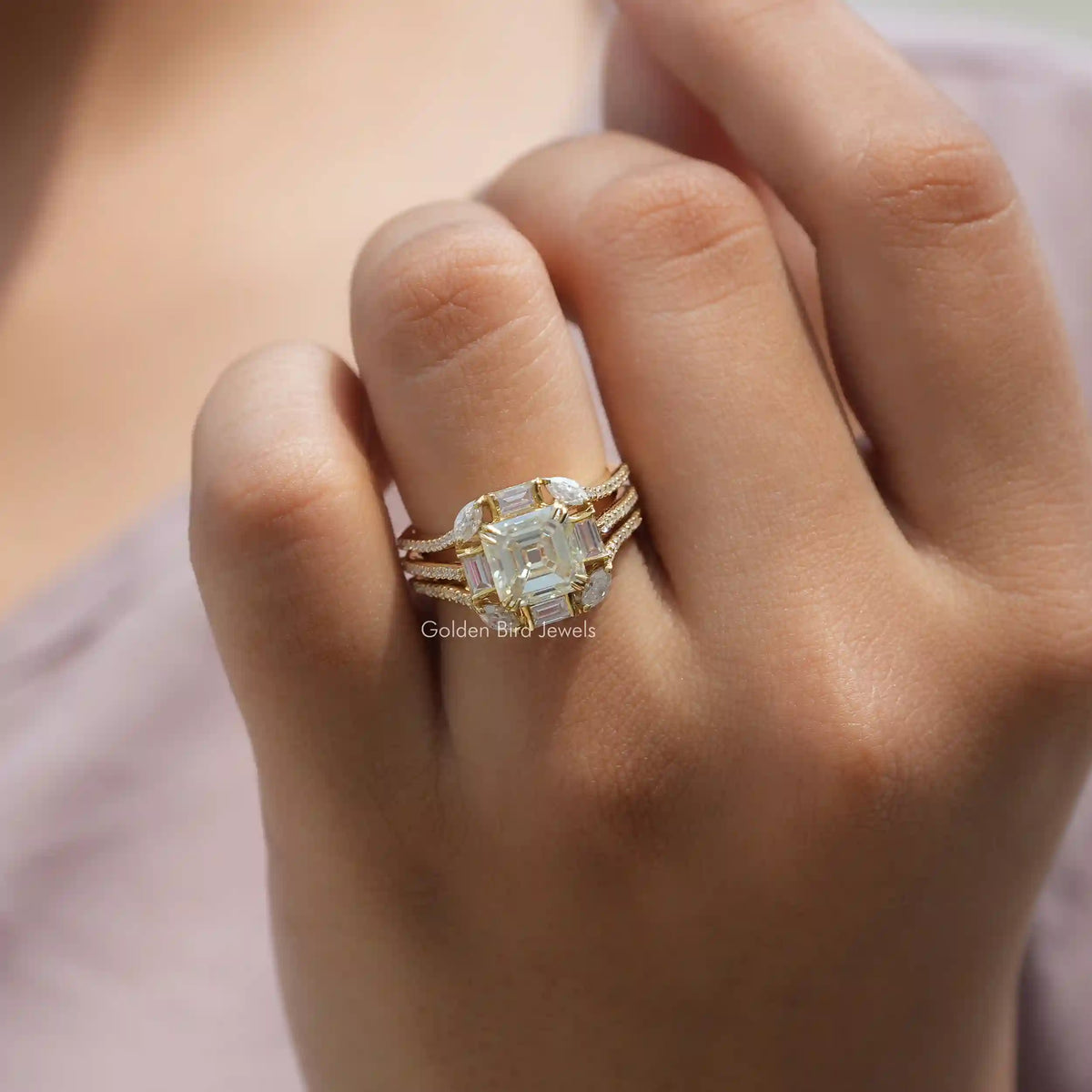 View of Asscher And Baguette Cut Moissanite Ring In Finger