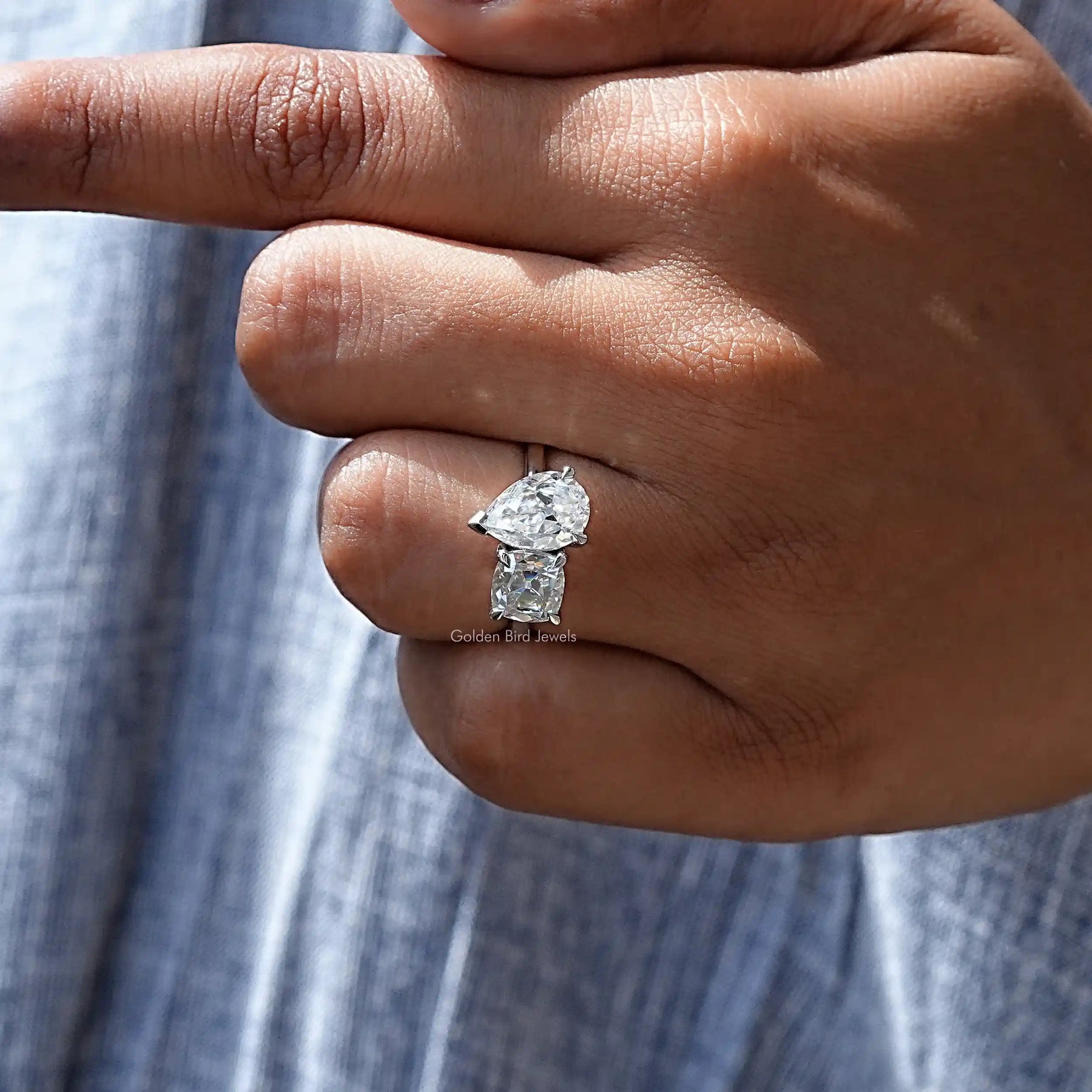 View of Cushion And Old Mine Pear Cut Moissanite Ring In White Gold