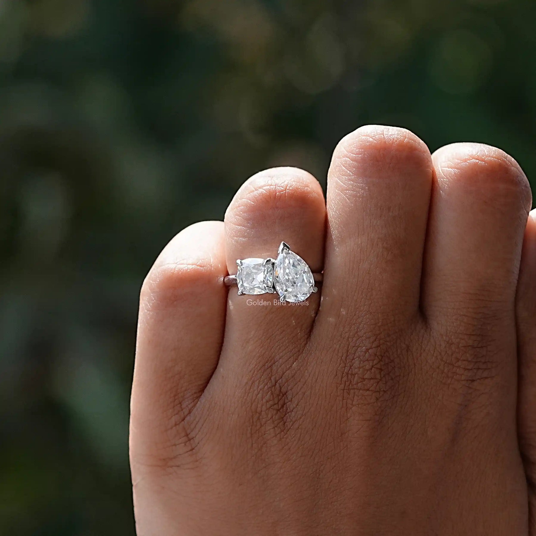 Detailed View of Cushion And Old Mine Pear Moissanite Ring In White Gold