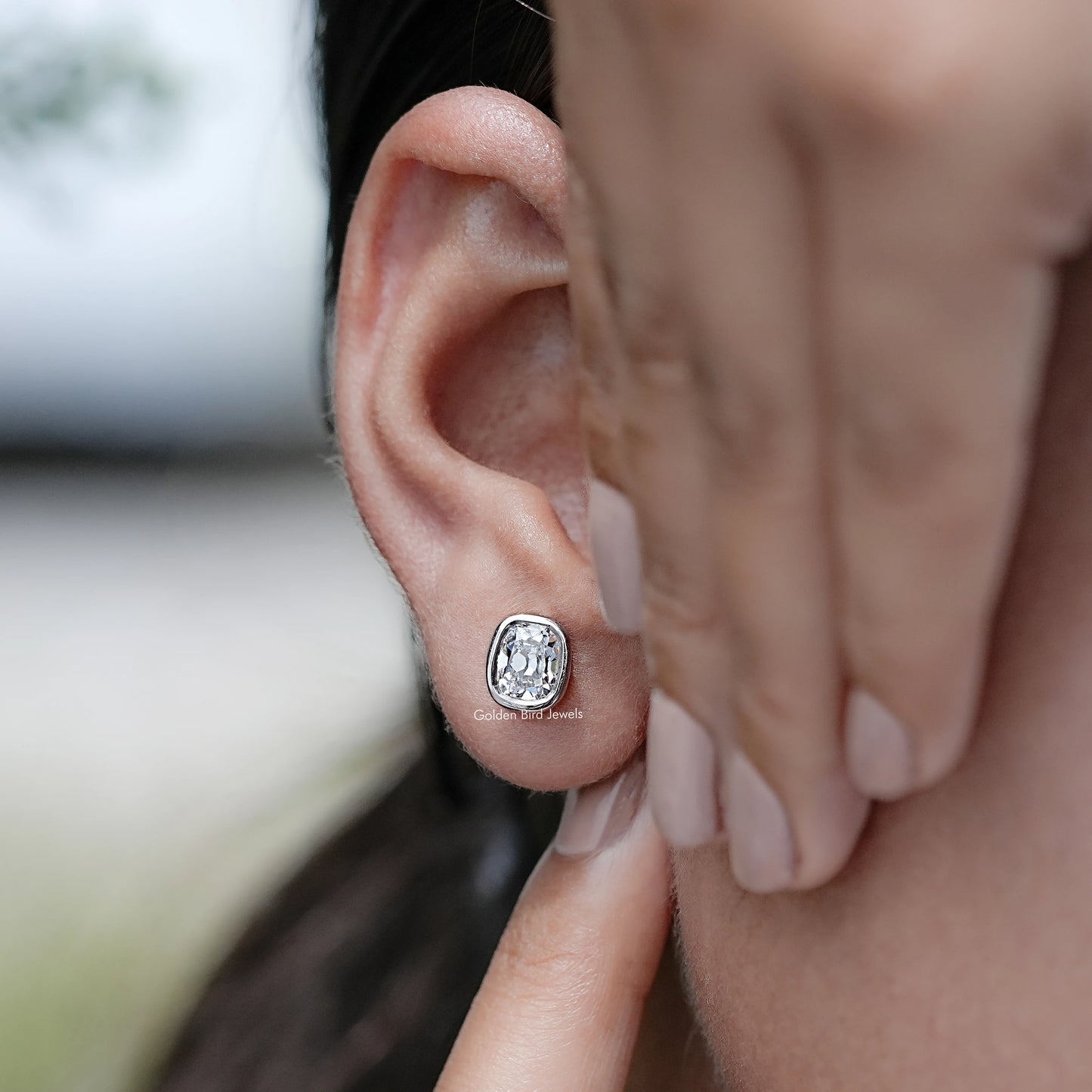 Detailed view of Old Mine Cushion Stud Earrings in Ear