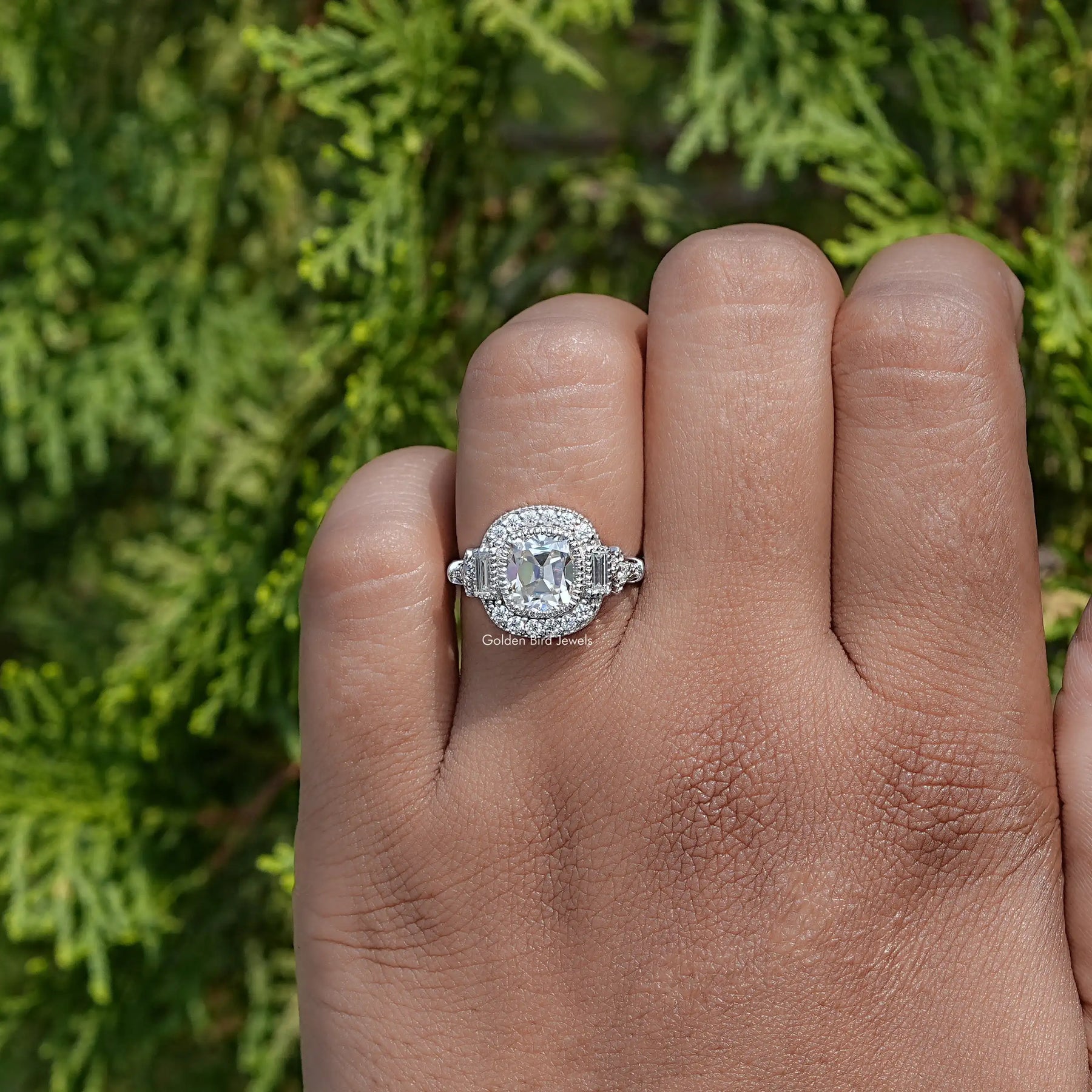 In front view of moissanite cushion cut Ring