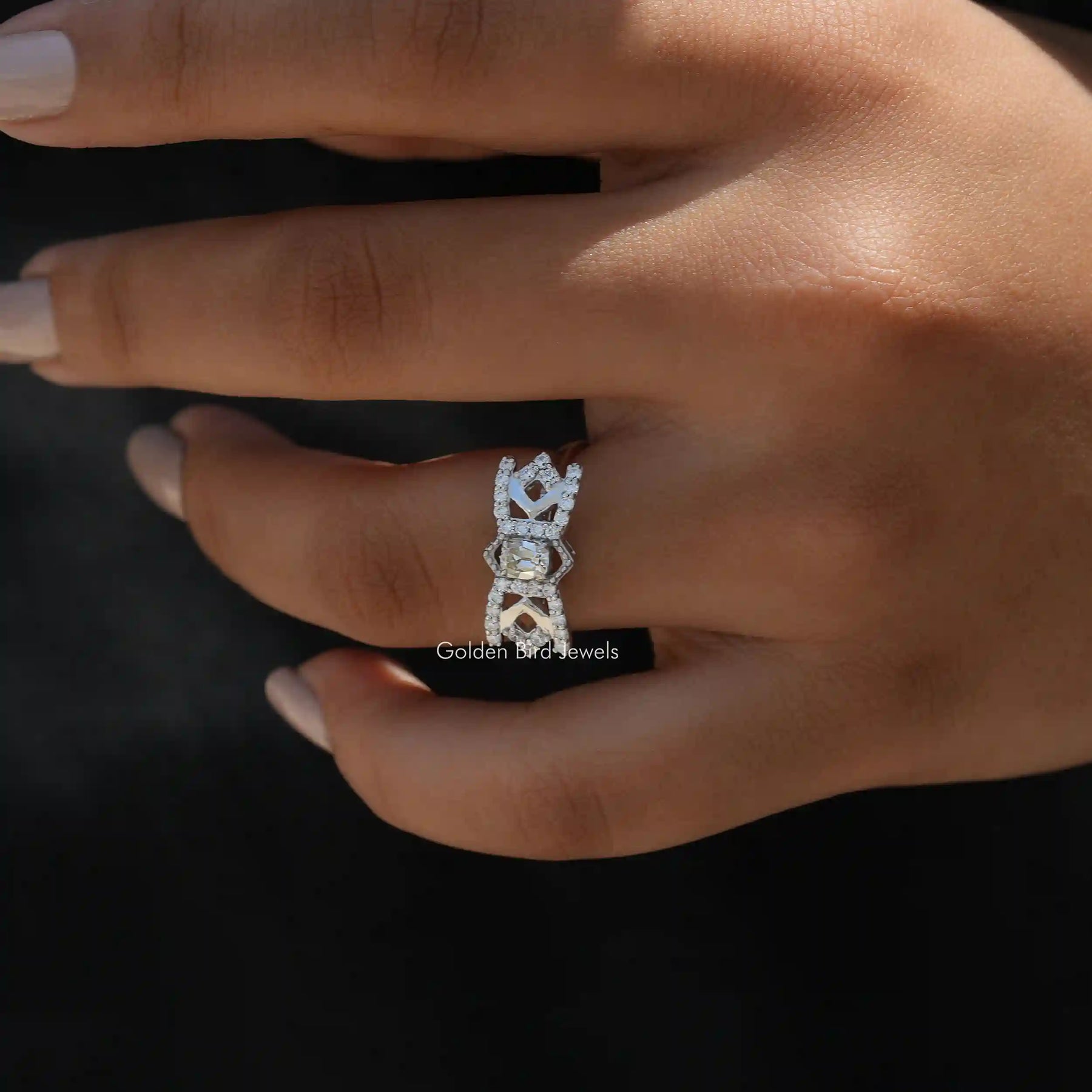 View of Old Mine Cushion Cut Moissanite Vintage Engagement Ring In Finger