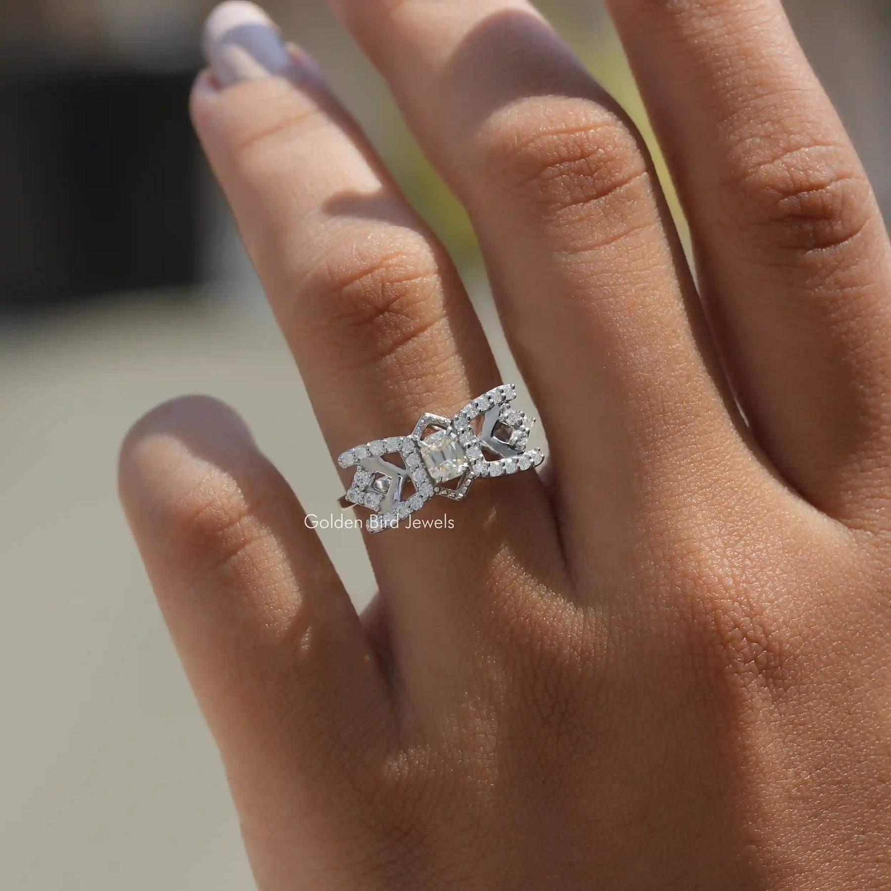 View of Old Mine Cushion Cut Moissanite Engagement Ring In Finger