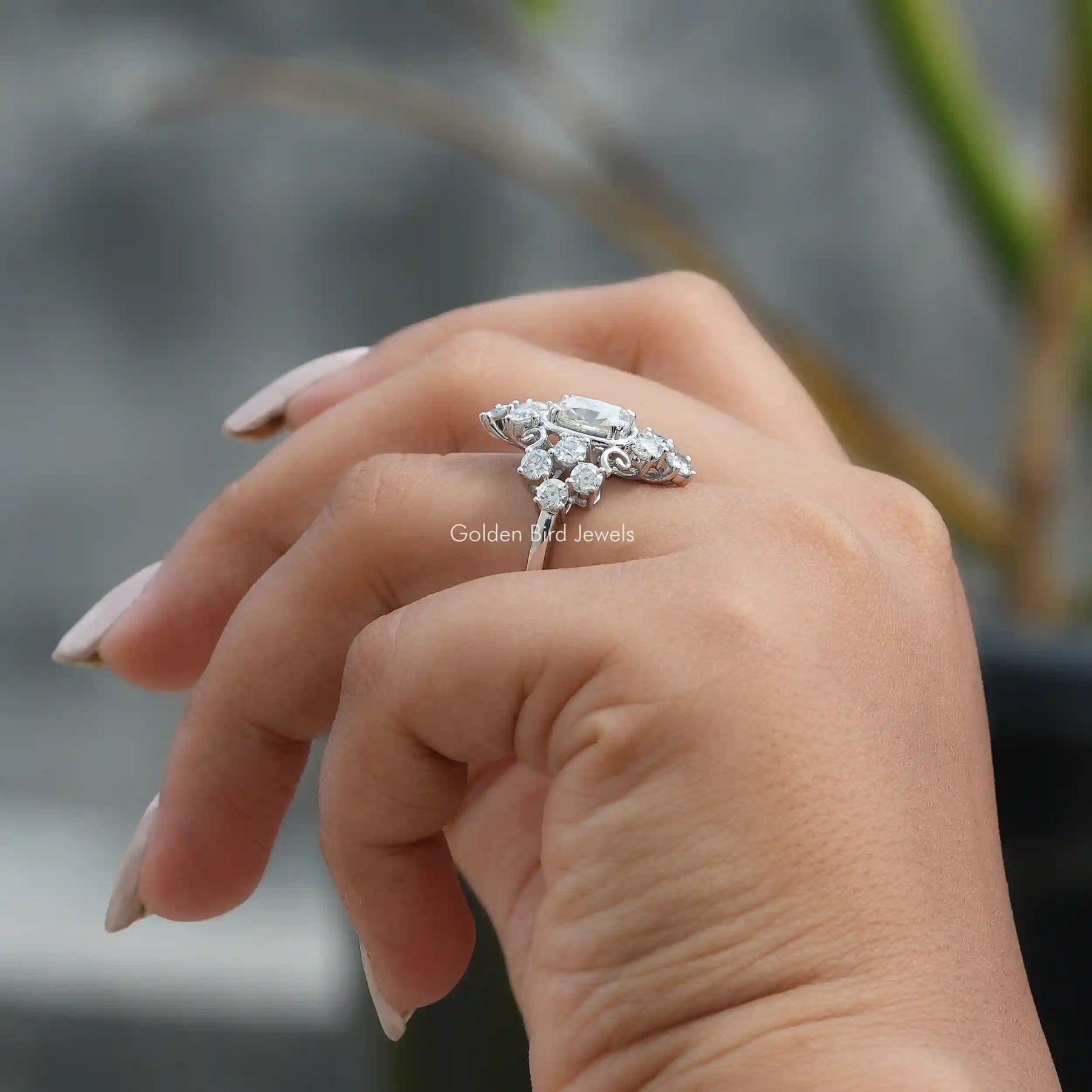 Close-Up View of Old Mine Cushion Cut Moissanite Ring In White Gold