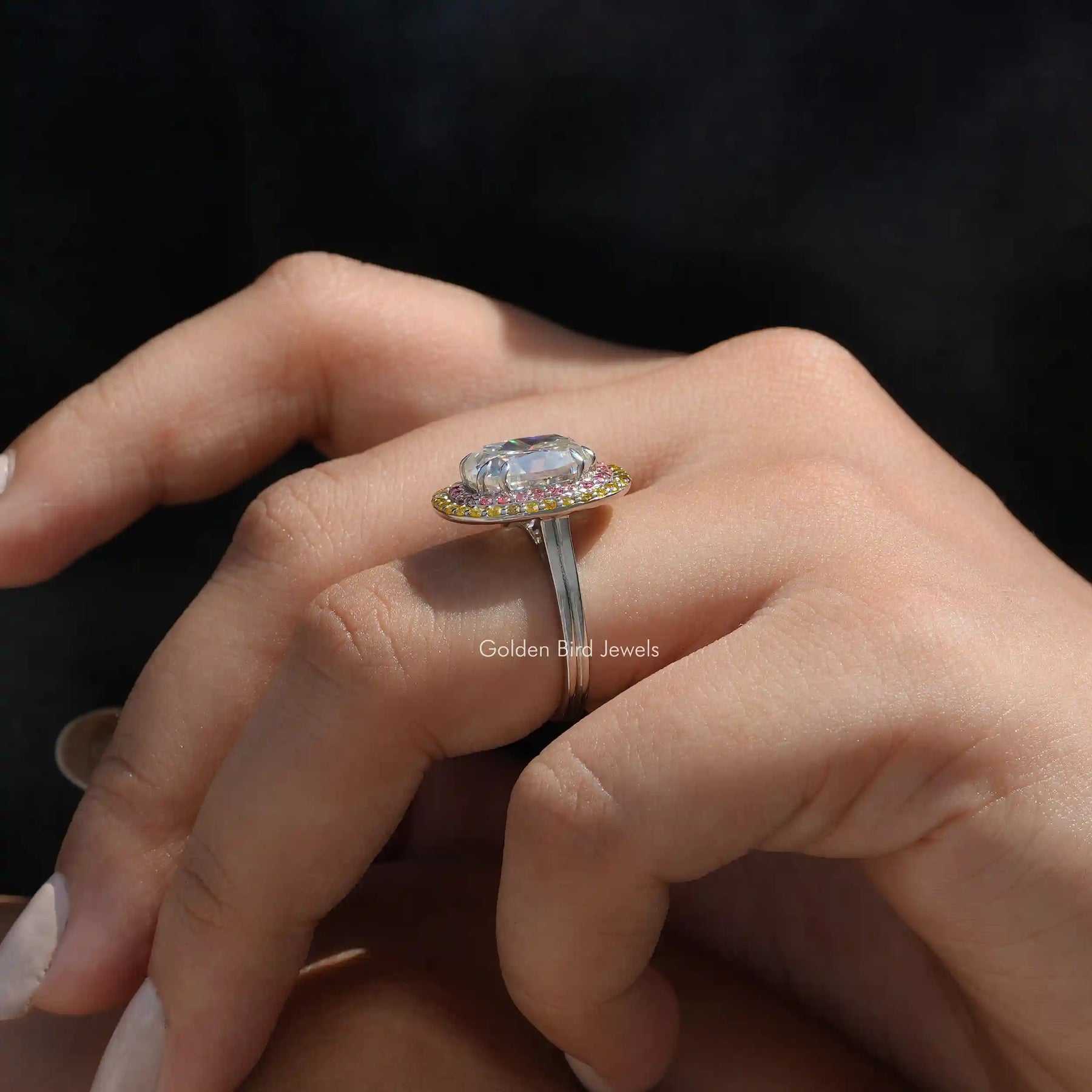 Side View of Old Mine Cushion Cut Double Halo Ring Set In finger