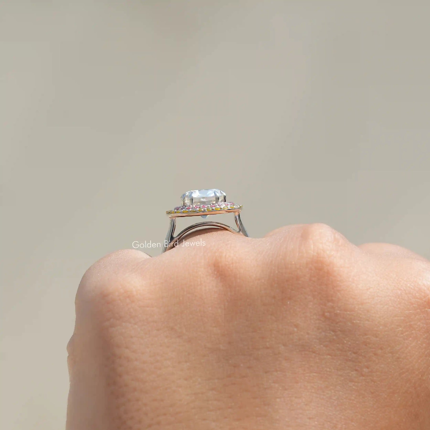 View of Old Mine Cushion Cut Ring In Finger