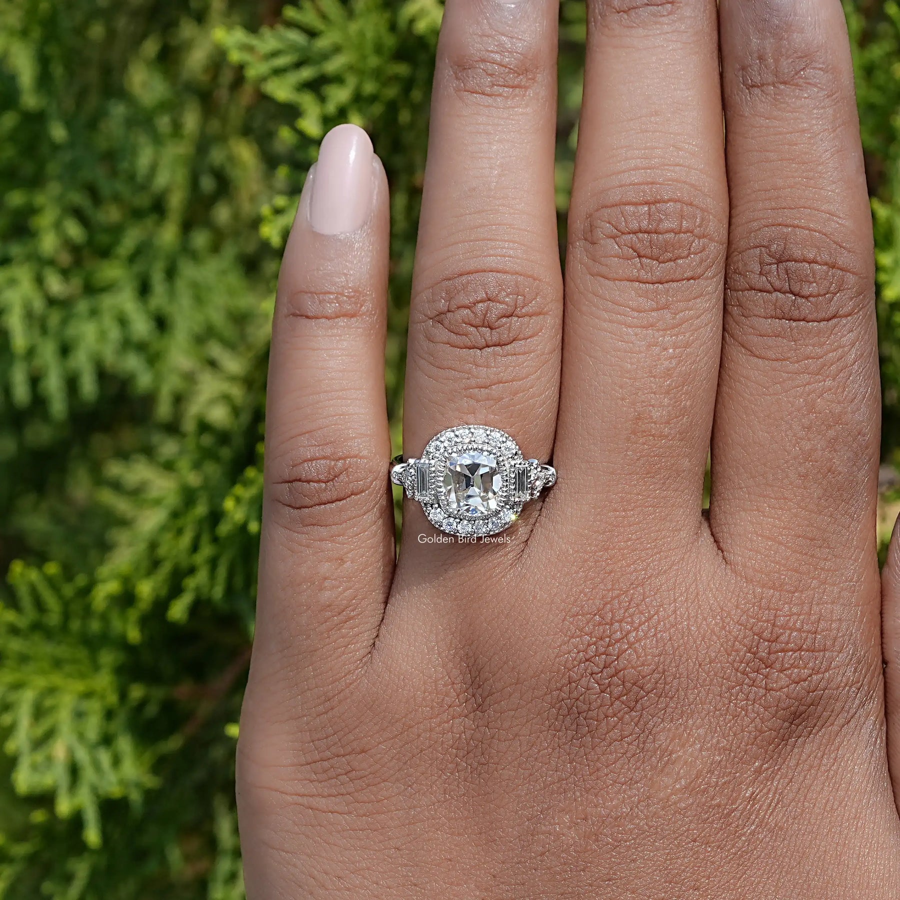 In Finger view of cushion cut moissanite halo Ring
