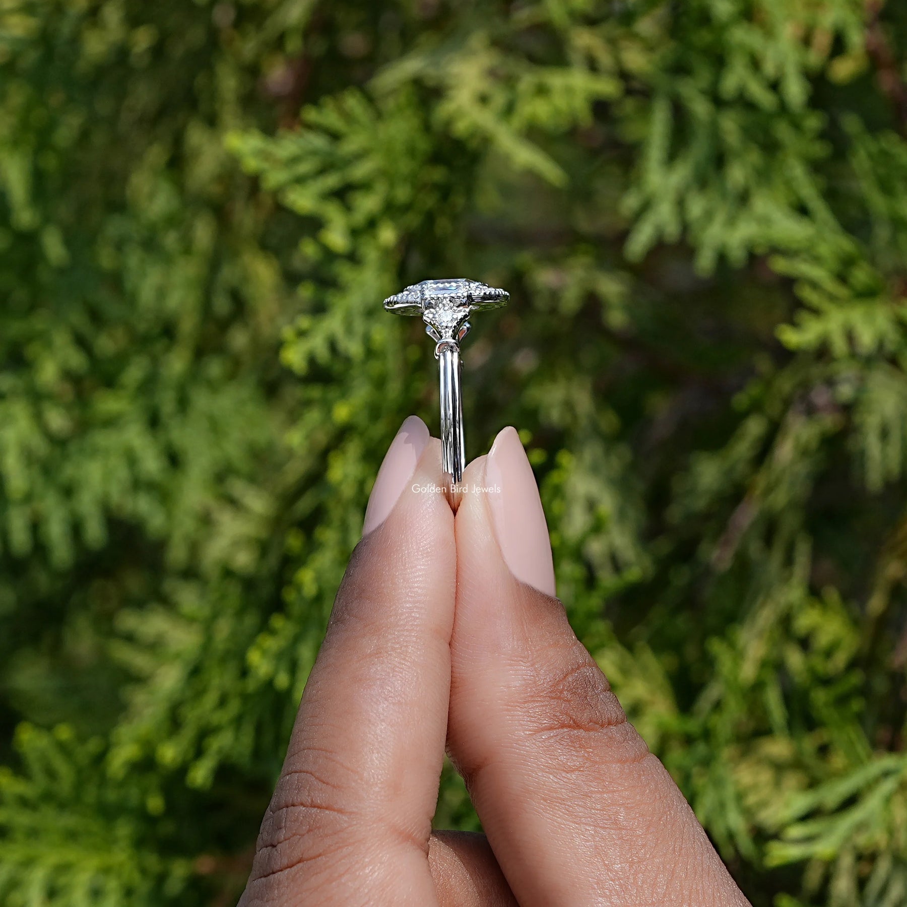 Side view of cushion cut moissanite Ring in white gold