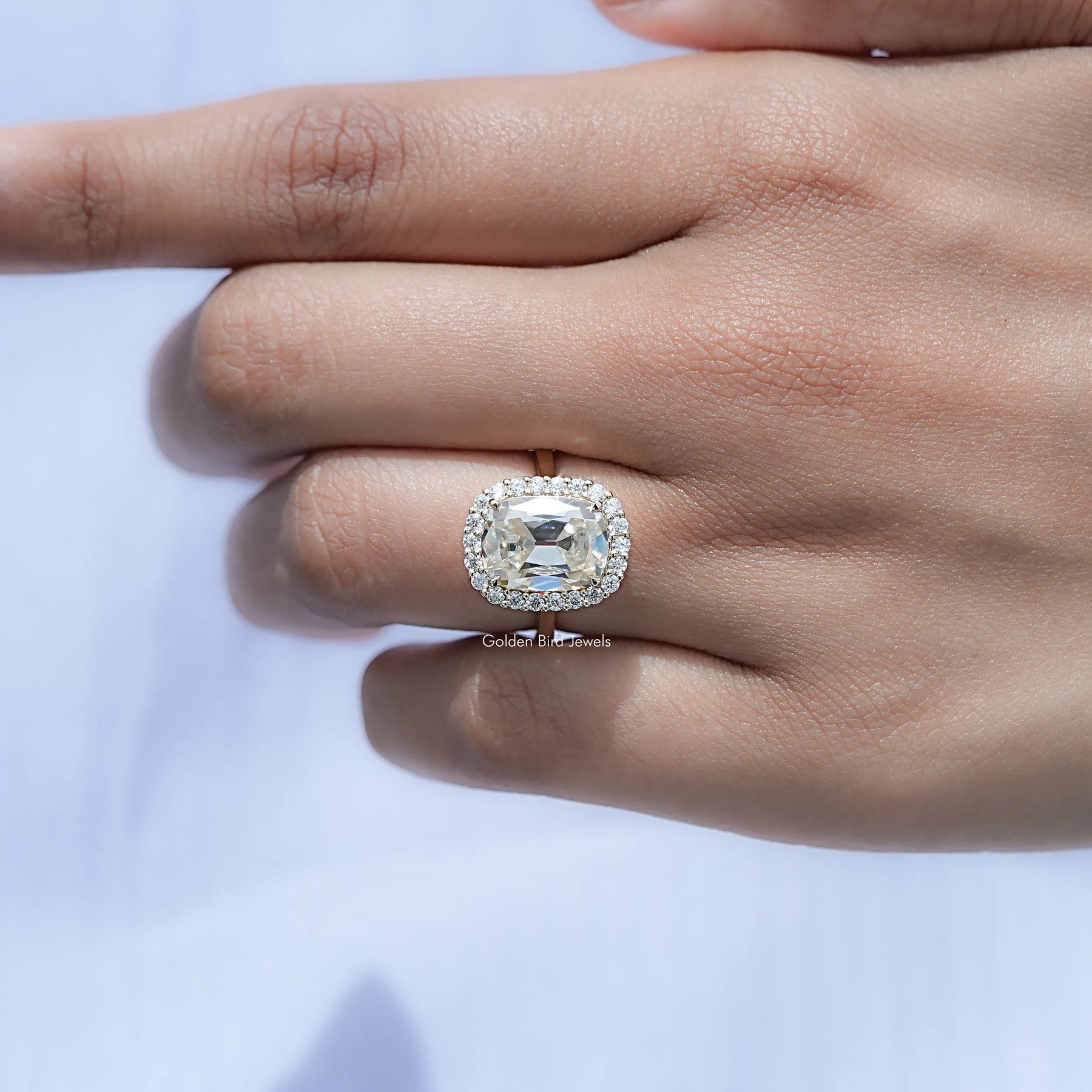 View of Cushion Cut Moissanite Solitaire Ring in prongs setting