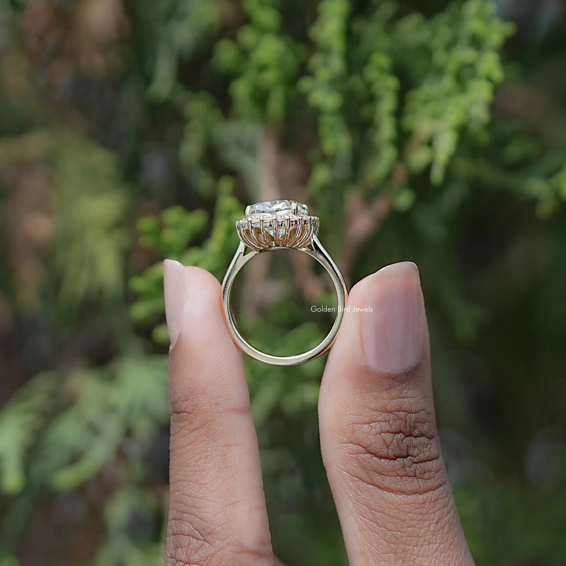 Back view of Cushion Cut Moissanite Solitaire Ring in secure setting